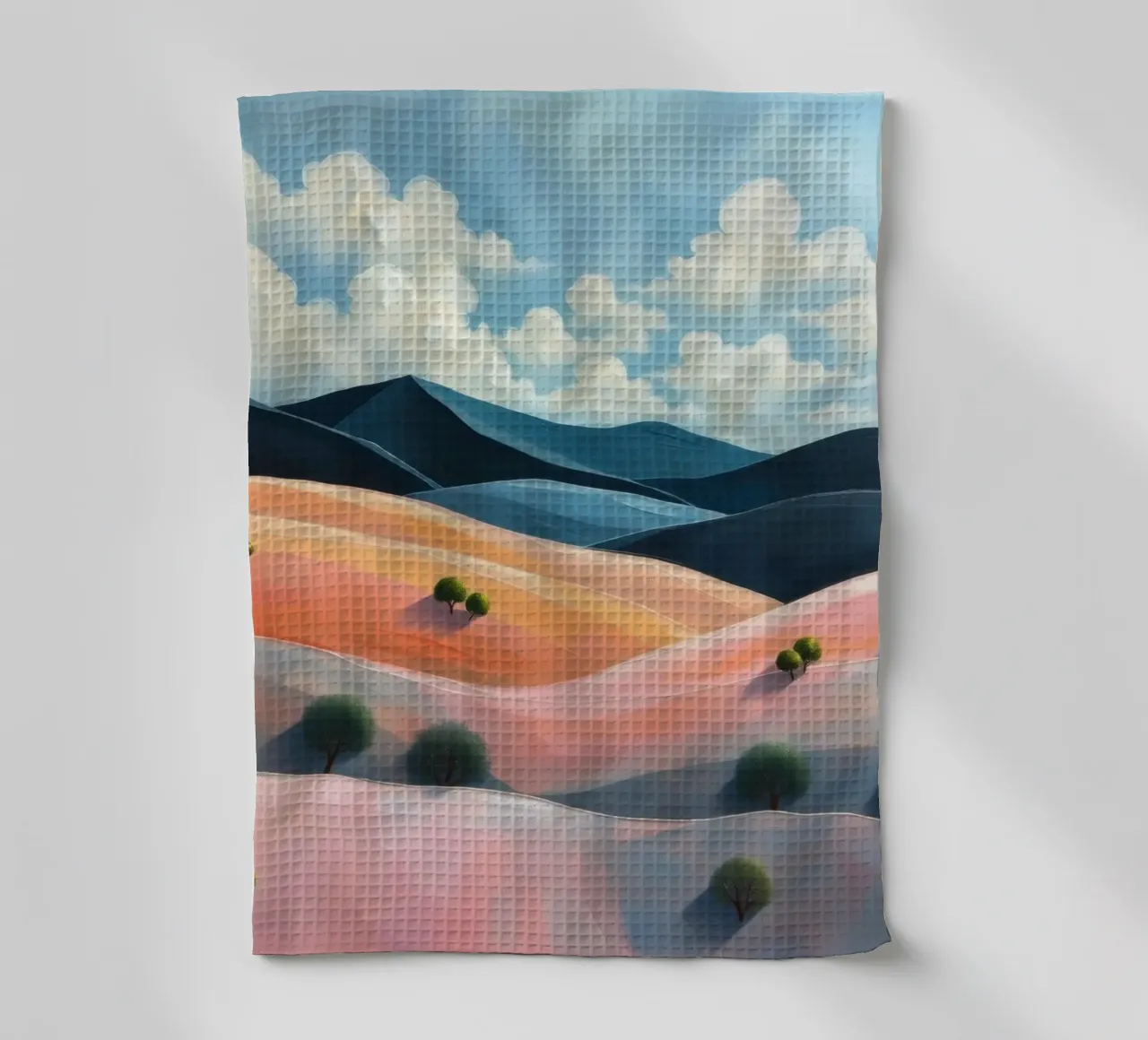 Colline colorate e ondulate sotto un cielo luminoso con nuvole soffici canovaccio da cucina da DesignDoodle