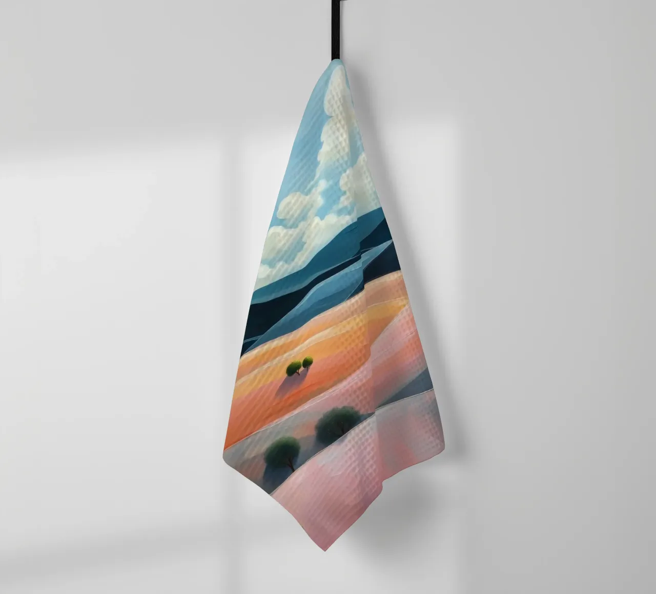 Colline colorate e ondulate sotto un cielo luminoso con nuvole soffici canovaccio da cucina da DesignDoodle