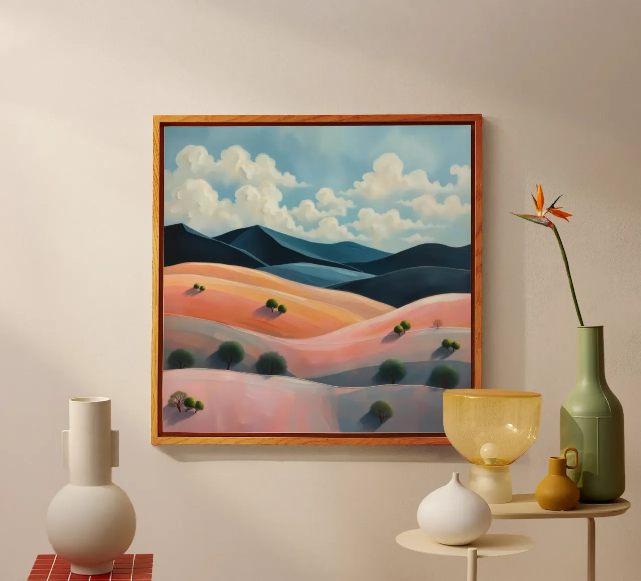 Colline colorate e ondulate sotto un cielo luminoso con nuvole soffici plexiglass da DesignDoodle