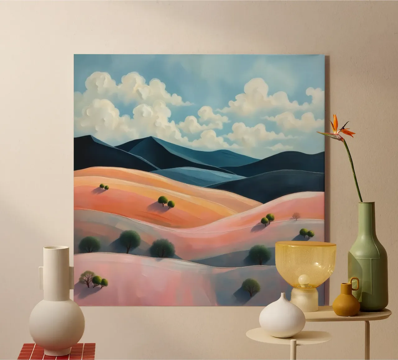 Colline colorate e ondulate sotto un cielo luminoso con nuvole soffici plexiglass da DesignDoodle