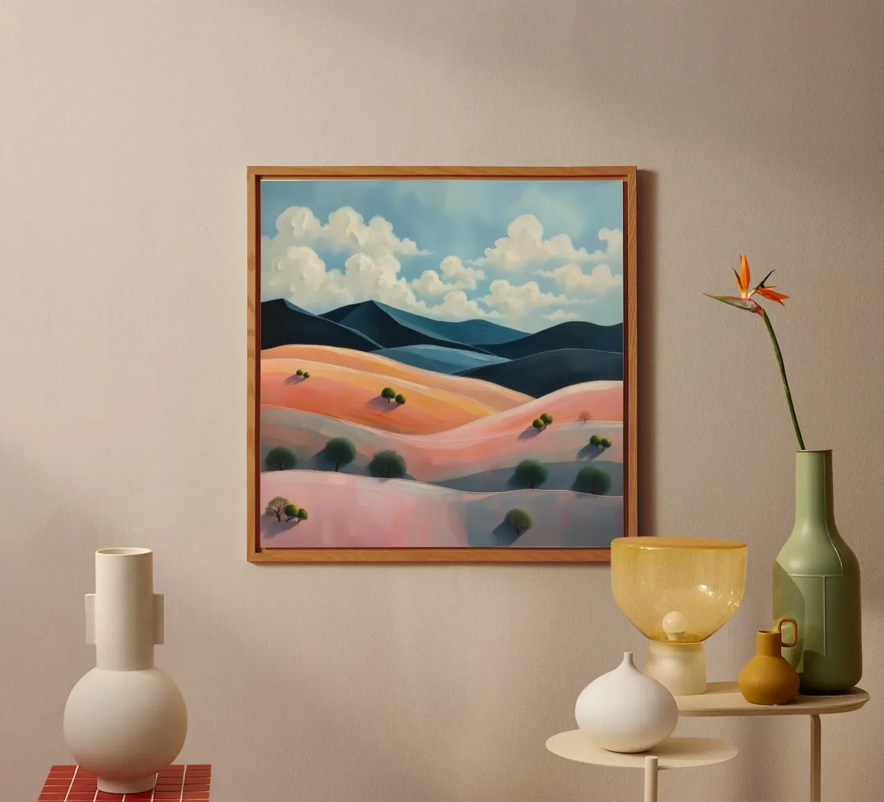 Colline colorate e ondulate sotto un cielo luminoso con nuvole soffici pannello forex da DesignDoodle