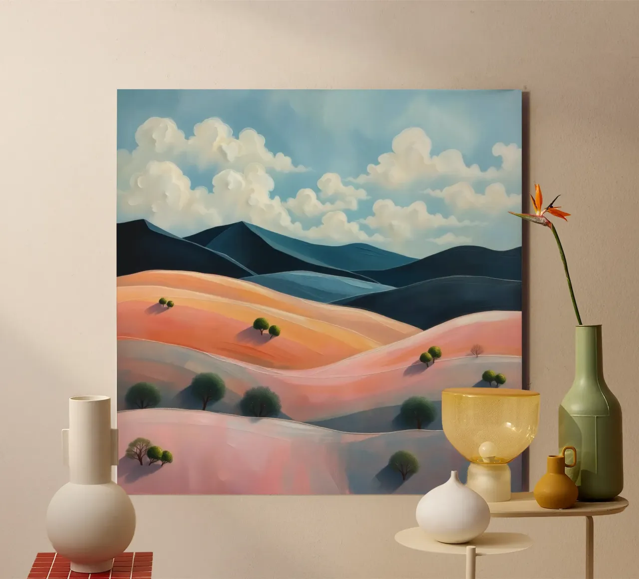 Colorful rolling hills under a bright sky with fluffy clouds forex plate by DesignDoodle