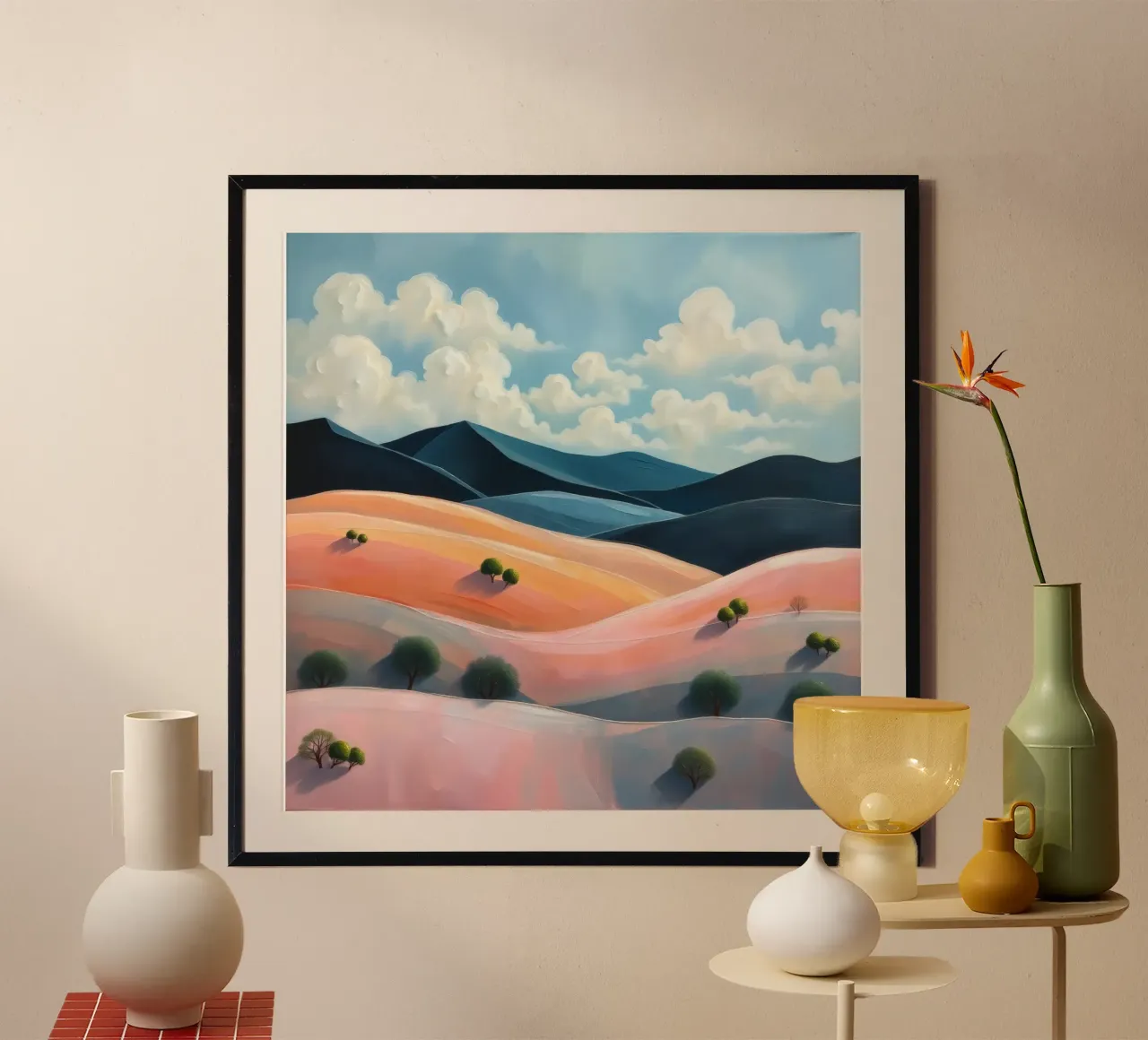 Colline colorate e ondulate sotto un cielo luminoso con nuvole soffici carta hahnemühle da DesignDoodle