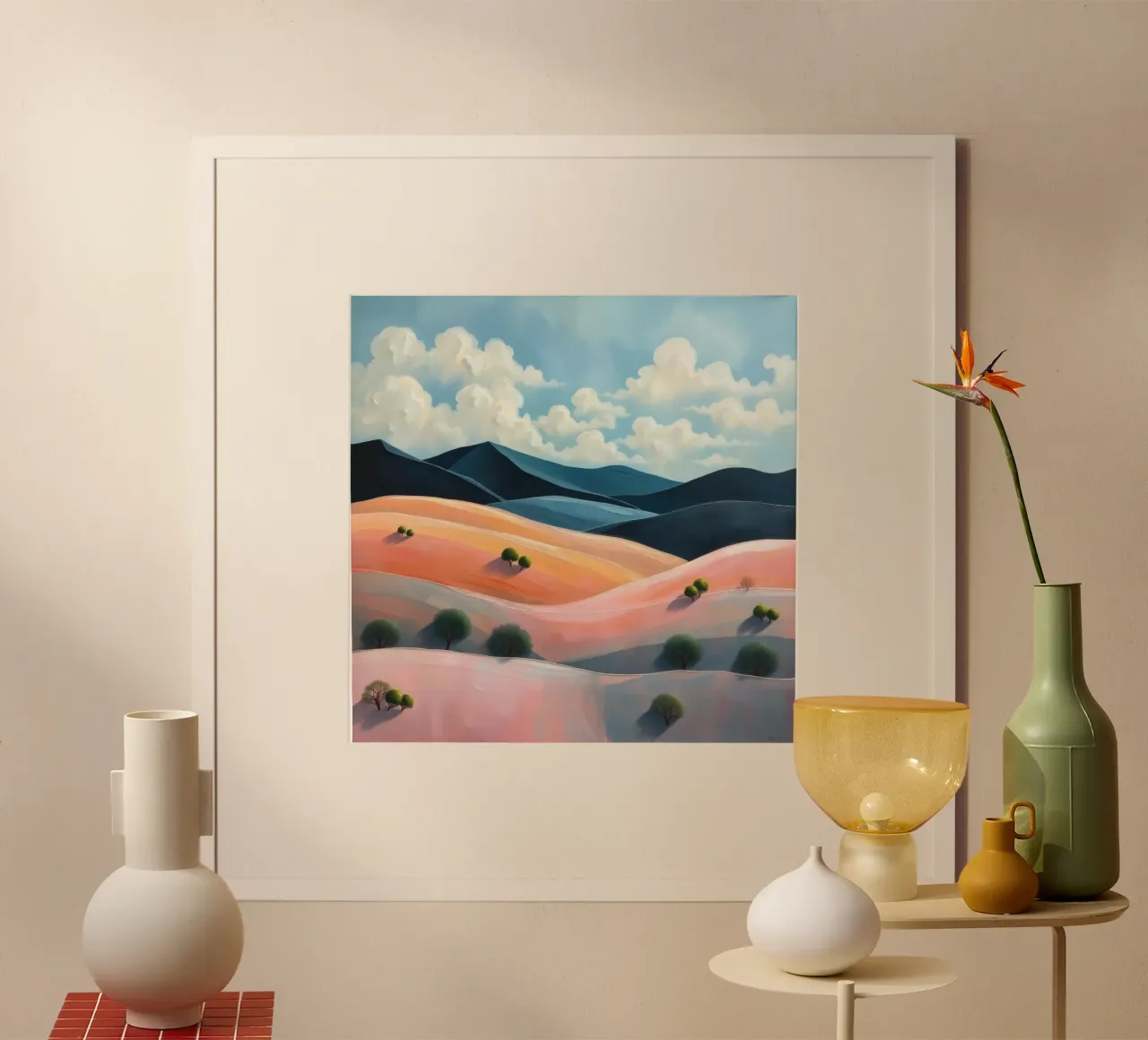 Colline colorate e ondulate sotto un cielo luminoso con nuvole soffici carta hahnemühle da DesignDoodle