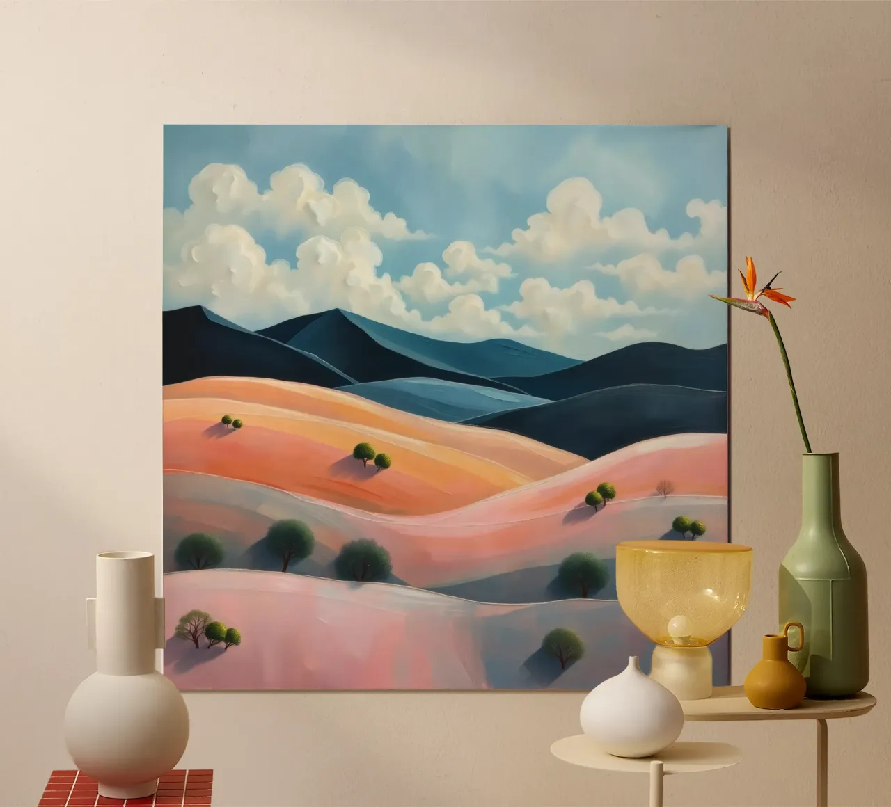 Colline colorate e ondulate sotto un cielo luminoso con nuvole soffici carta hahnemühle da DesignDoodle