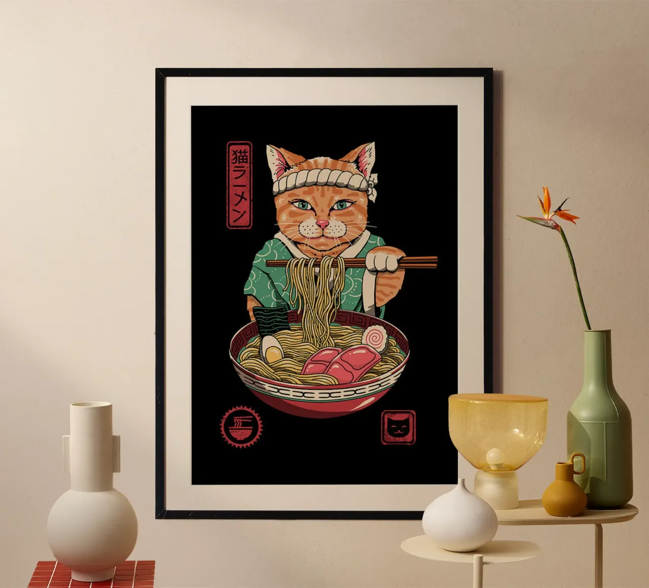 Gatto giapponese Neko Ramen poster con telaio in plastica da Michel Studio