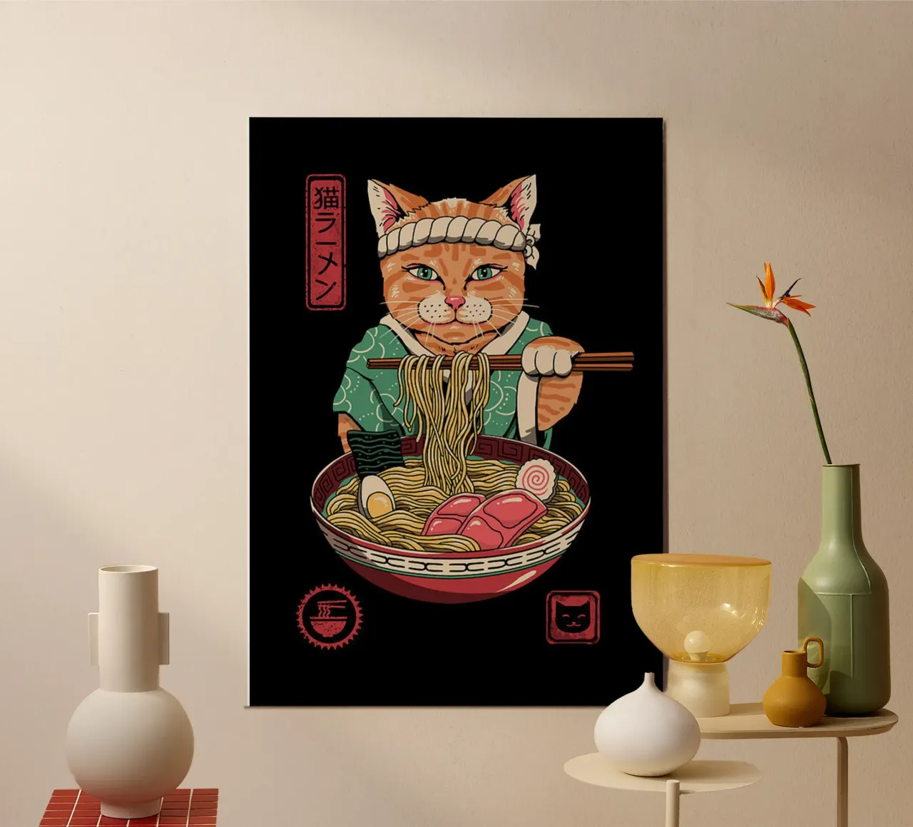 Gatto giapponese Neko Ramen poster con telaio in plastica da Michel Studio
