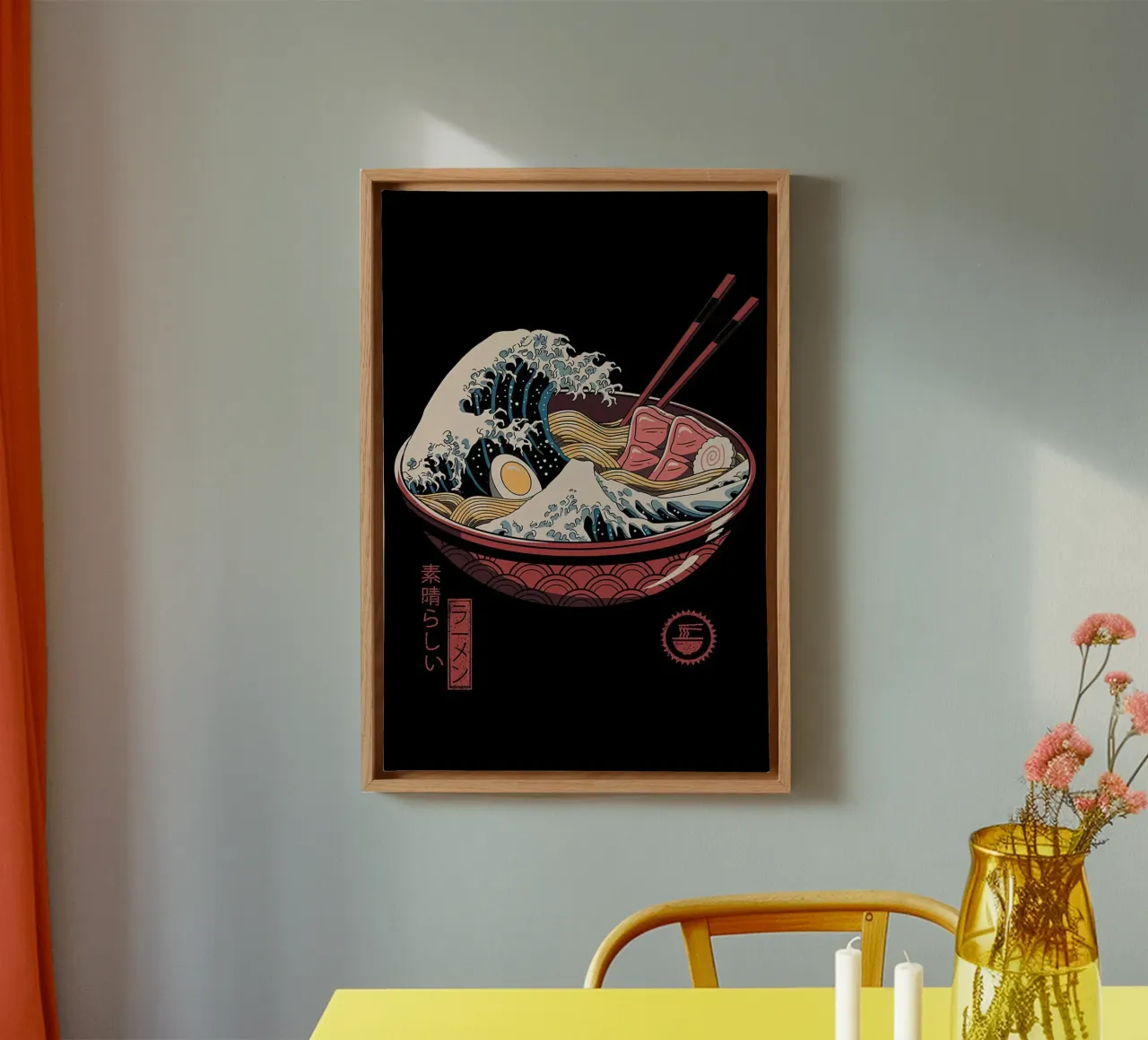 Grande onda di ramen neko tela con Cornice a cassetta da Michel Studio