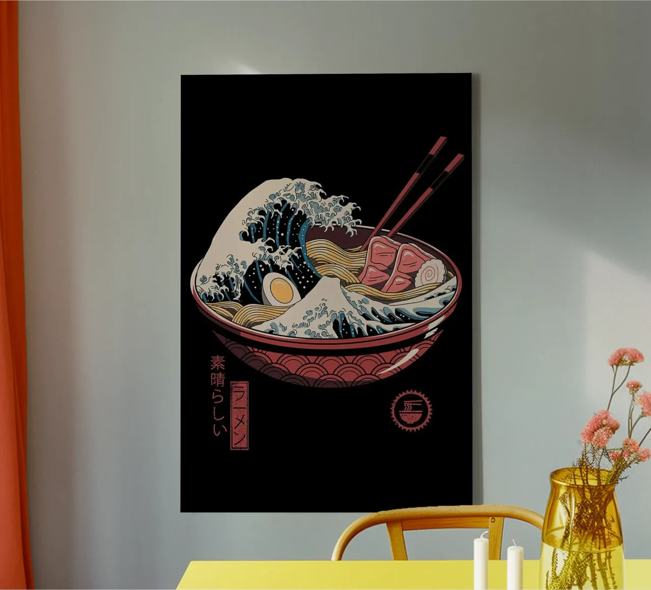 Grande onda di ramen neko tela con Cornice a cassetta da Michel Studio