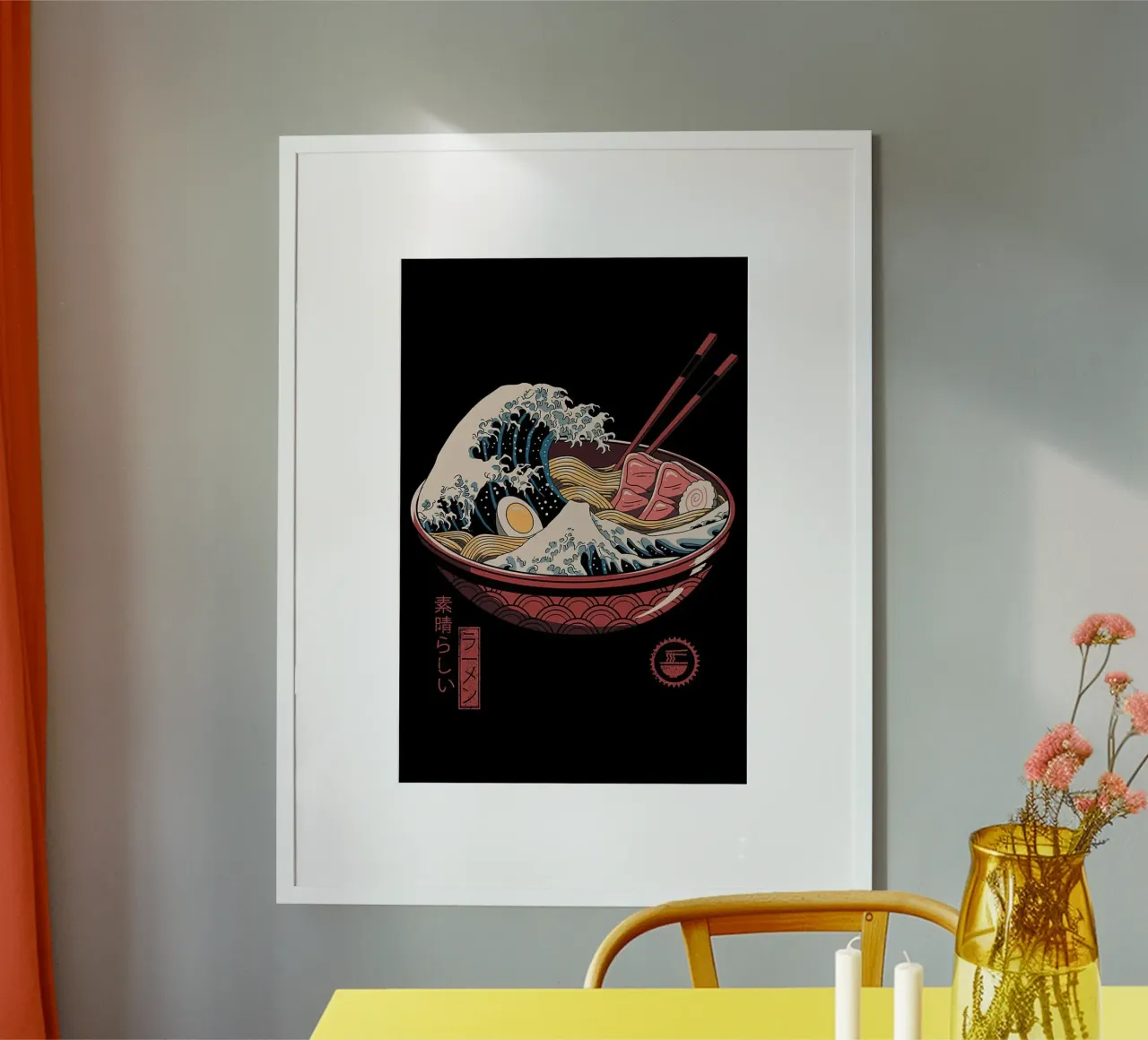 Grande onda di ramen neko poster con telaio in legno da Michel Studio
