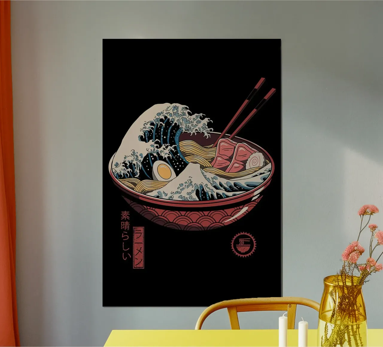 Grande onda di ramen neko poster con telaio in legno da Michel Studio