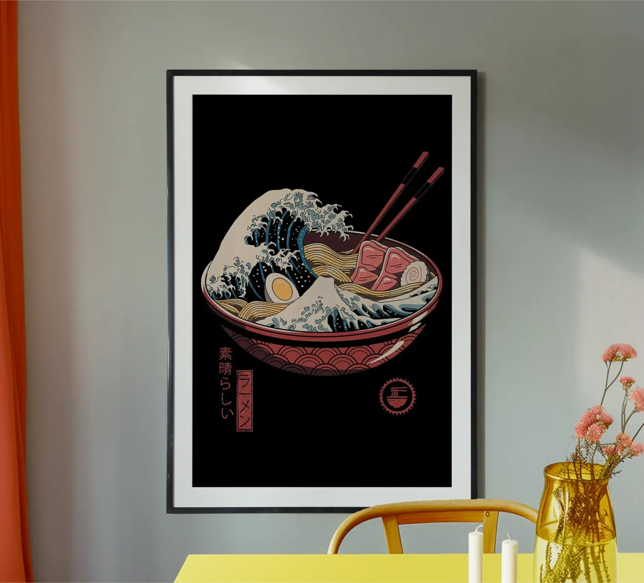 Grande onda di ramen neko poster con telaio in legno da Michel Studio