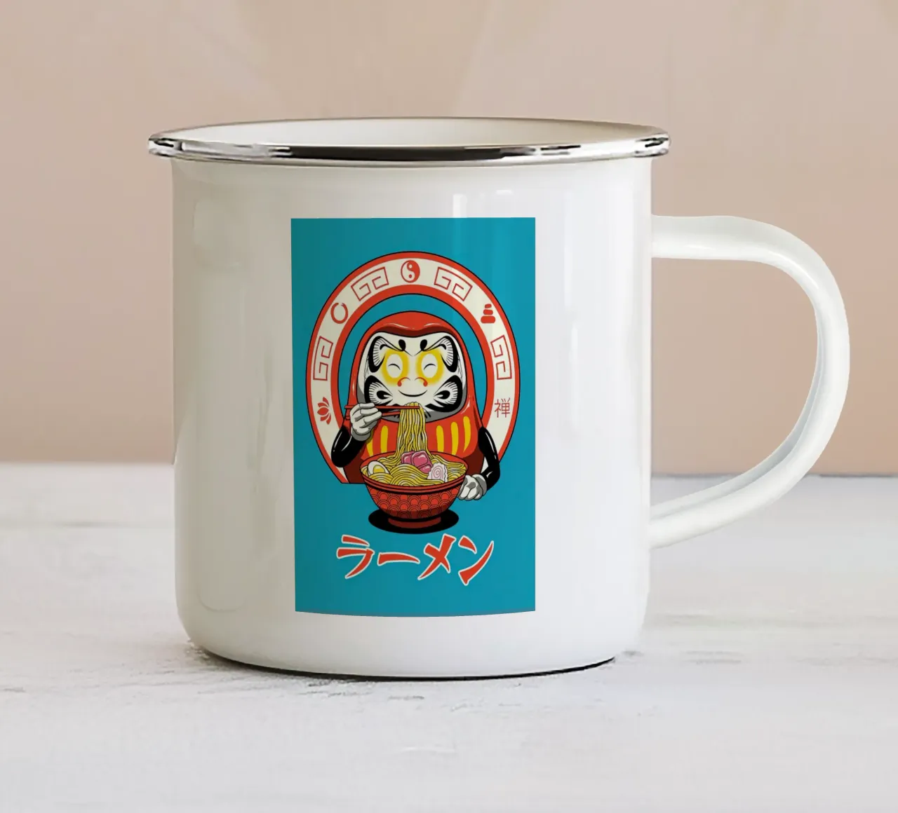 Japanischer blauer Streuer Neko Ramen Emaille Tasse von Michel Studio