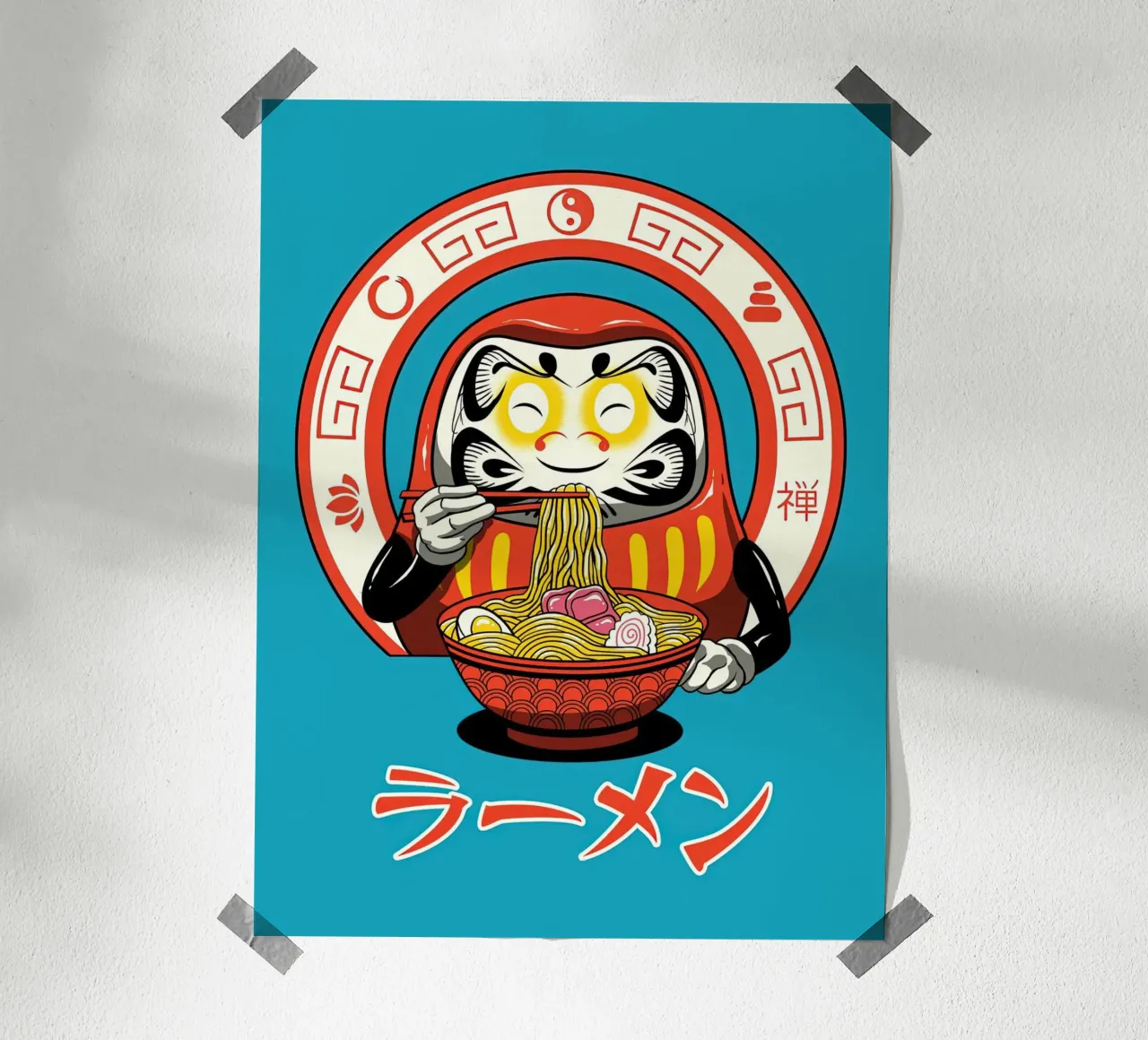 Ramen giapponese blu Shaker Neko poster con telaio in alluminio da Michel Studio