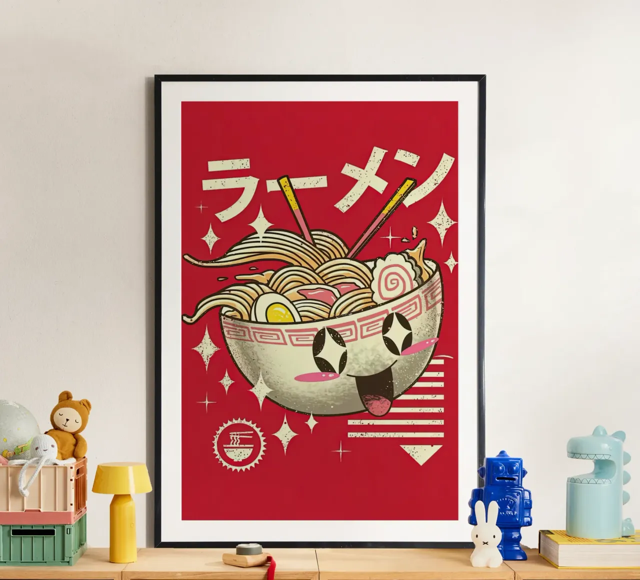 Japanese Cat Neko Great Ramen Wave poster con telaio in legno da Michel Studio