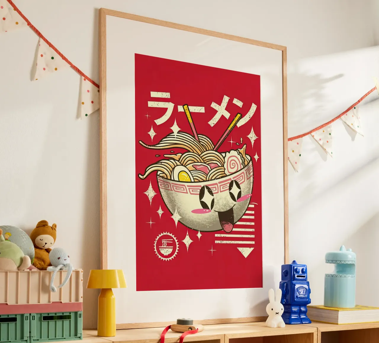 Japanese Cat Neko Great Ramen Wave poster con telaio in legno da Michel Studio