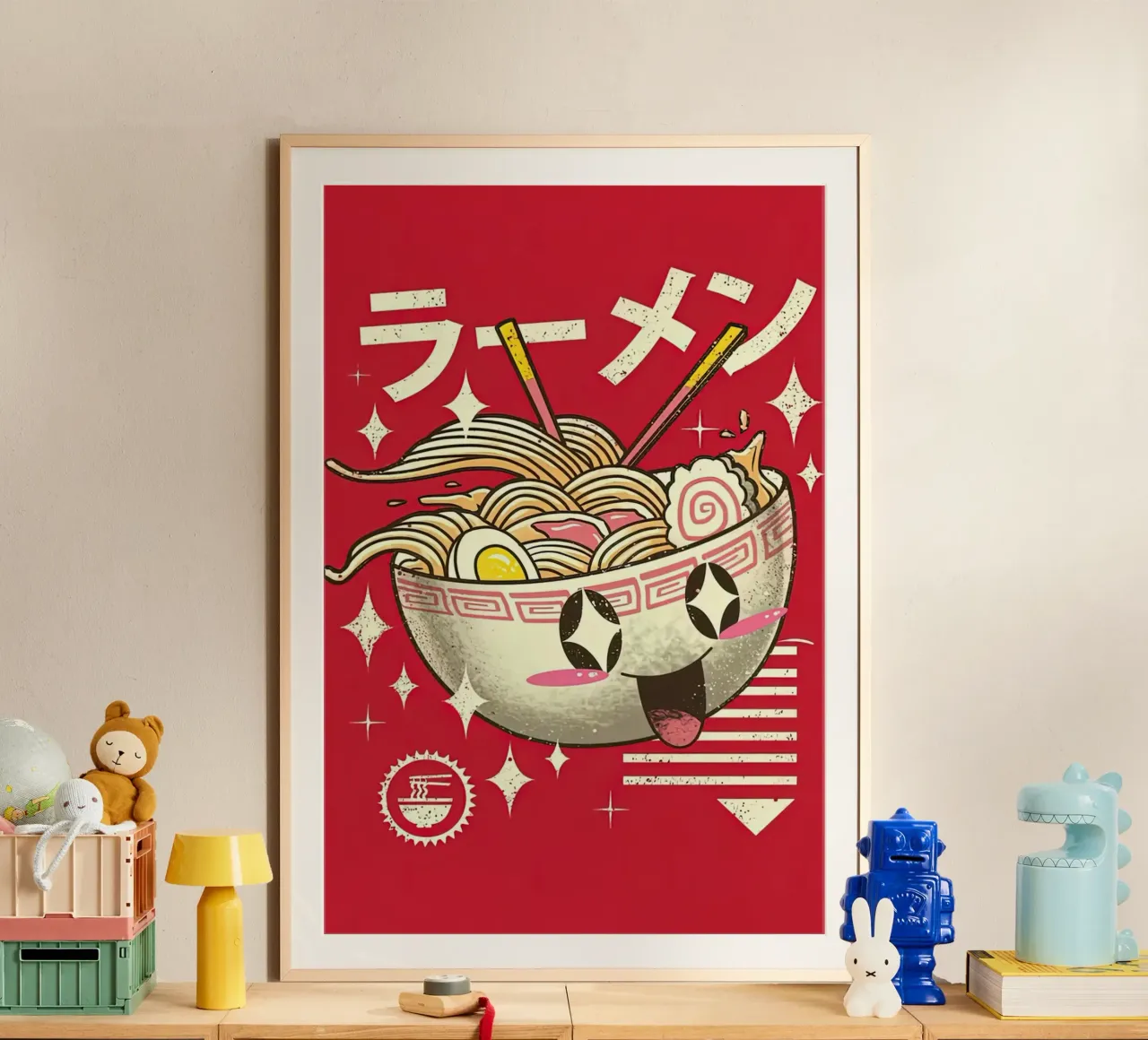 Japanese Cat Neko Great Ramen Wave poster con telaio in legno da Michel Studio
