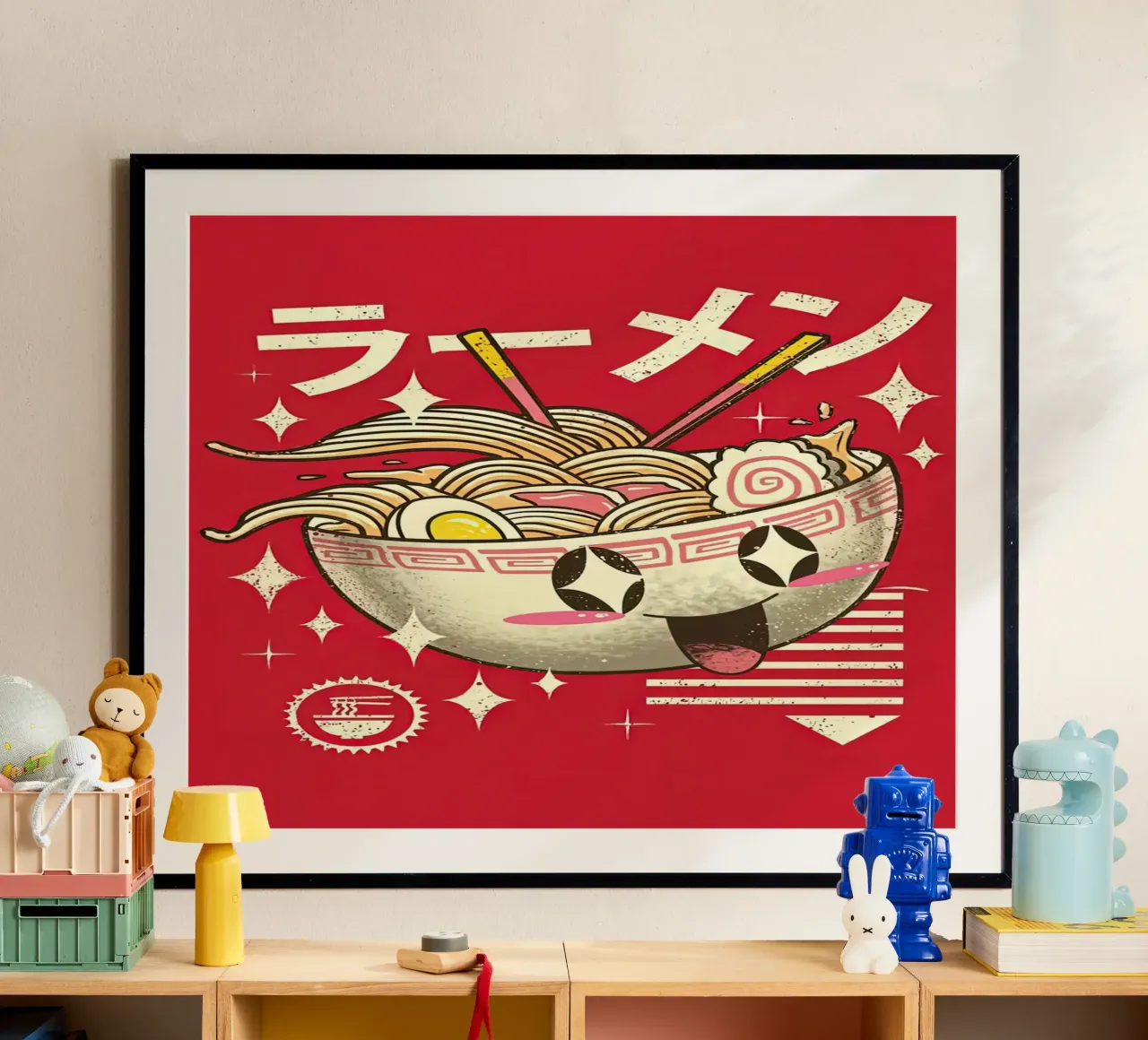 Japanese Cat Neko Great Ramen Wave poster con telaio in legno da Michel Studio