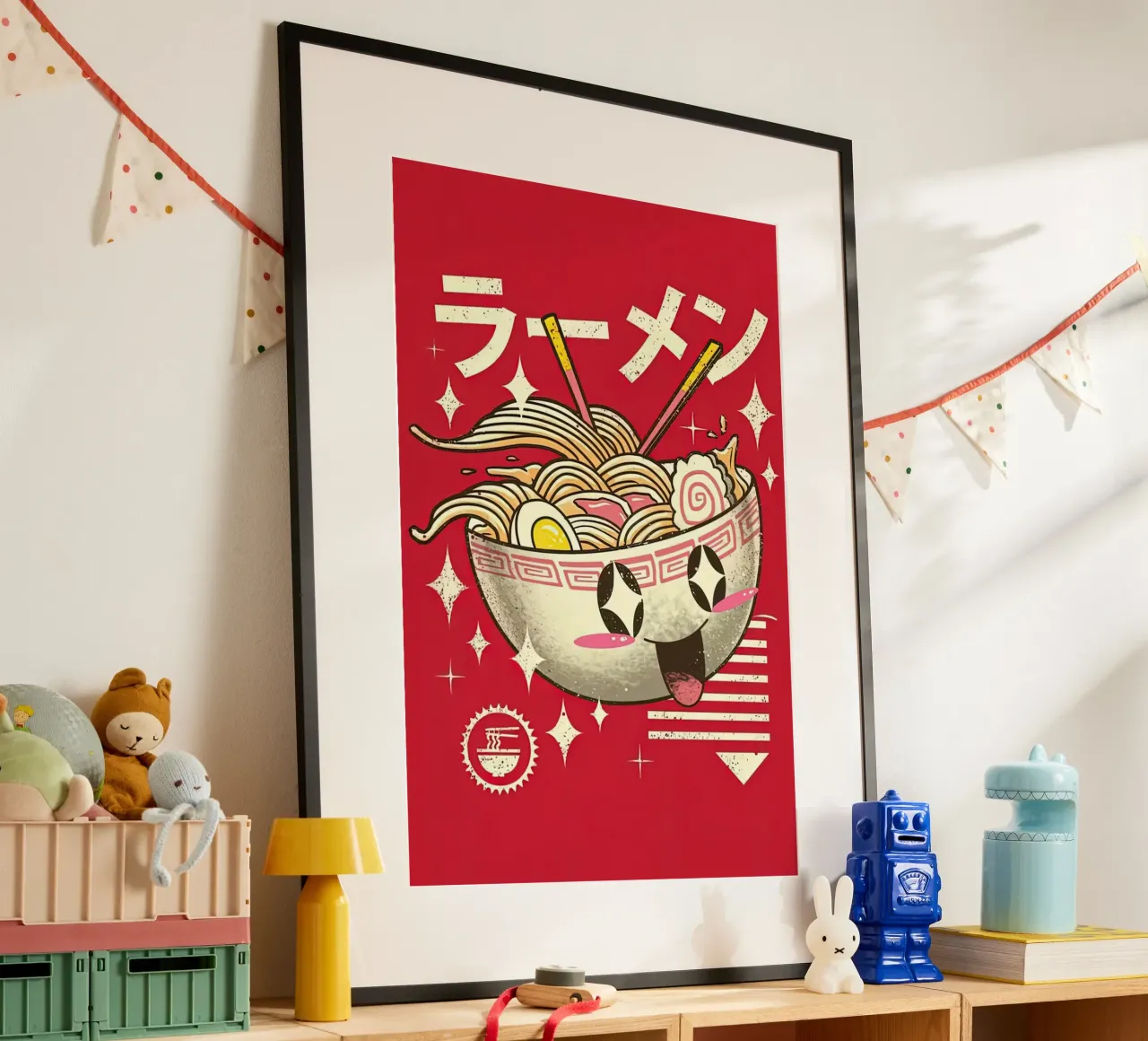 Japanese Cat Neko Great Ramen Wave poster con telaio in legno da Michel Studio