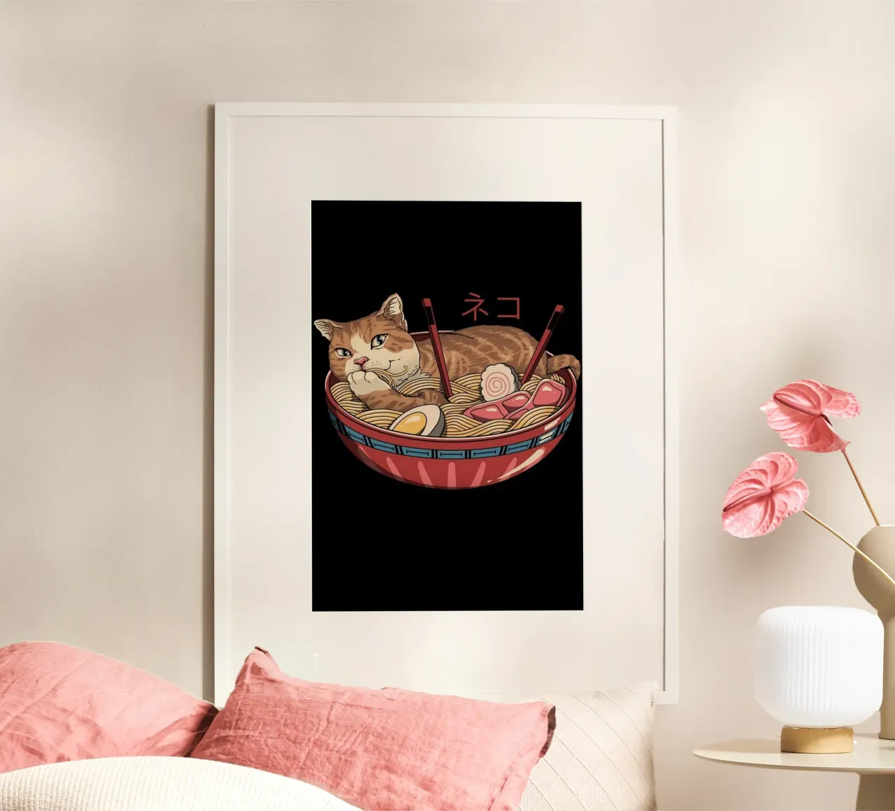 Ramen giapponese Great Big Neko poster con telaio in alluminio da Michel Studio