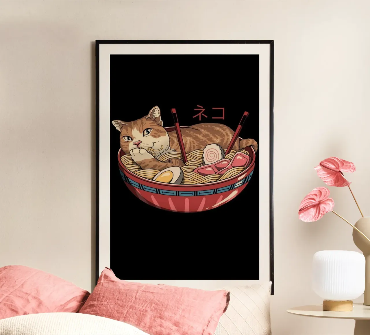Ramen giapponese Great Big Neko poster con telaio in alluminio da Michel Studio
