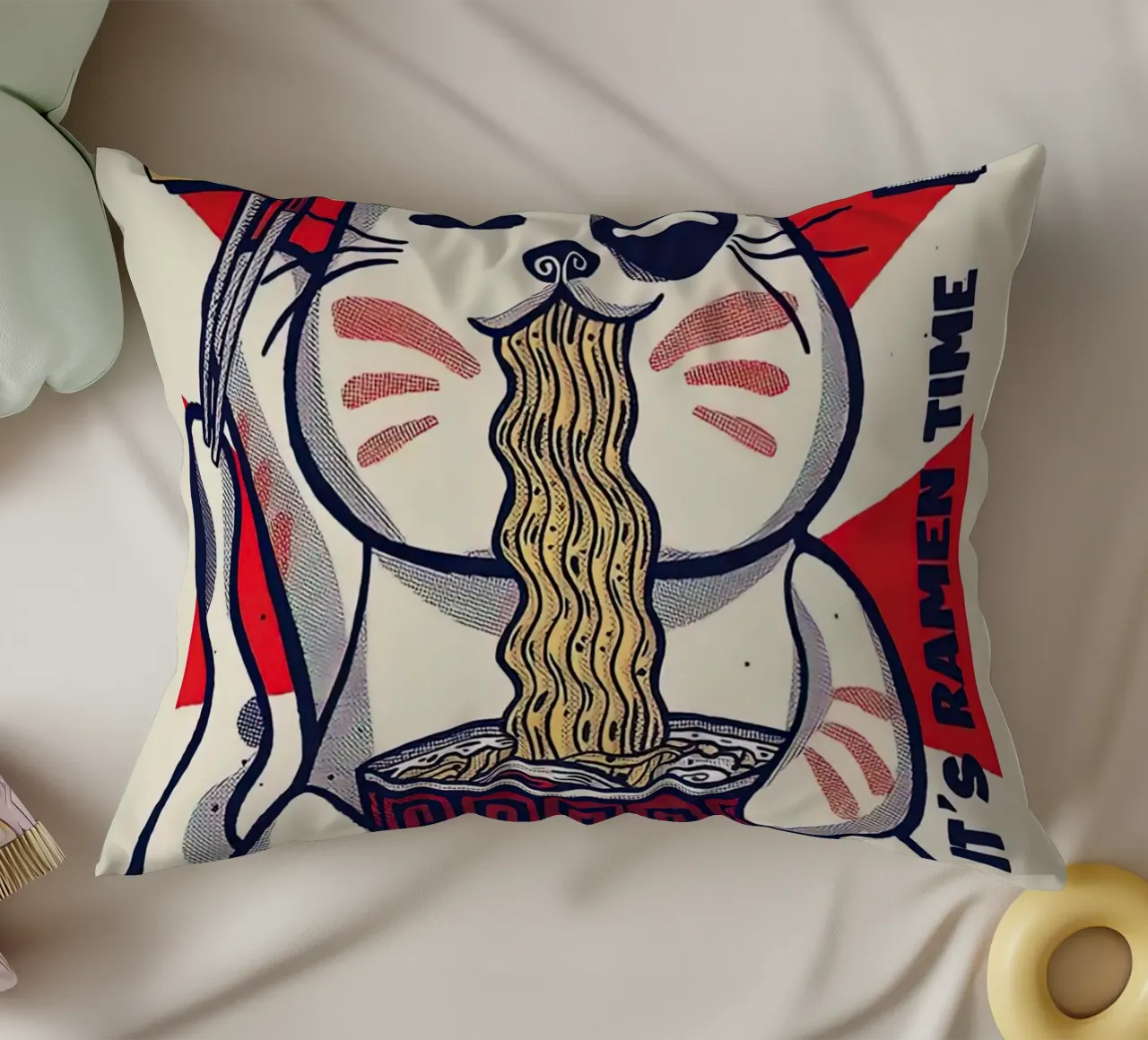 Japanese Cat Great Neko Ramen Wave decorative cushion by Michel Studio