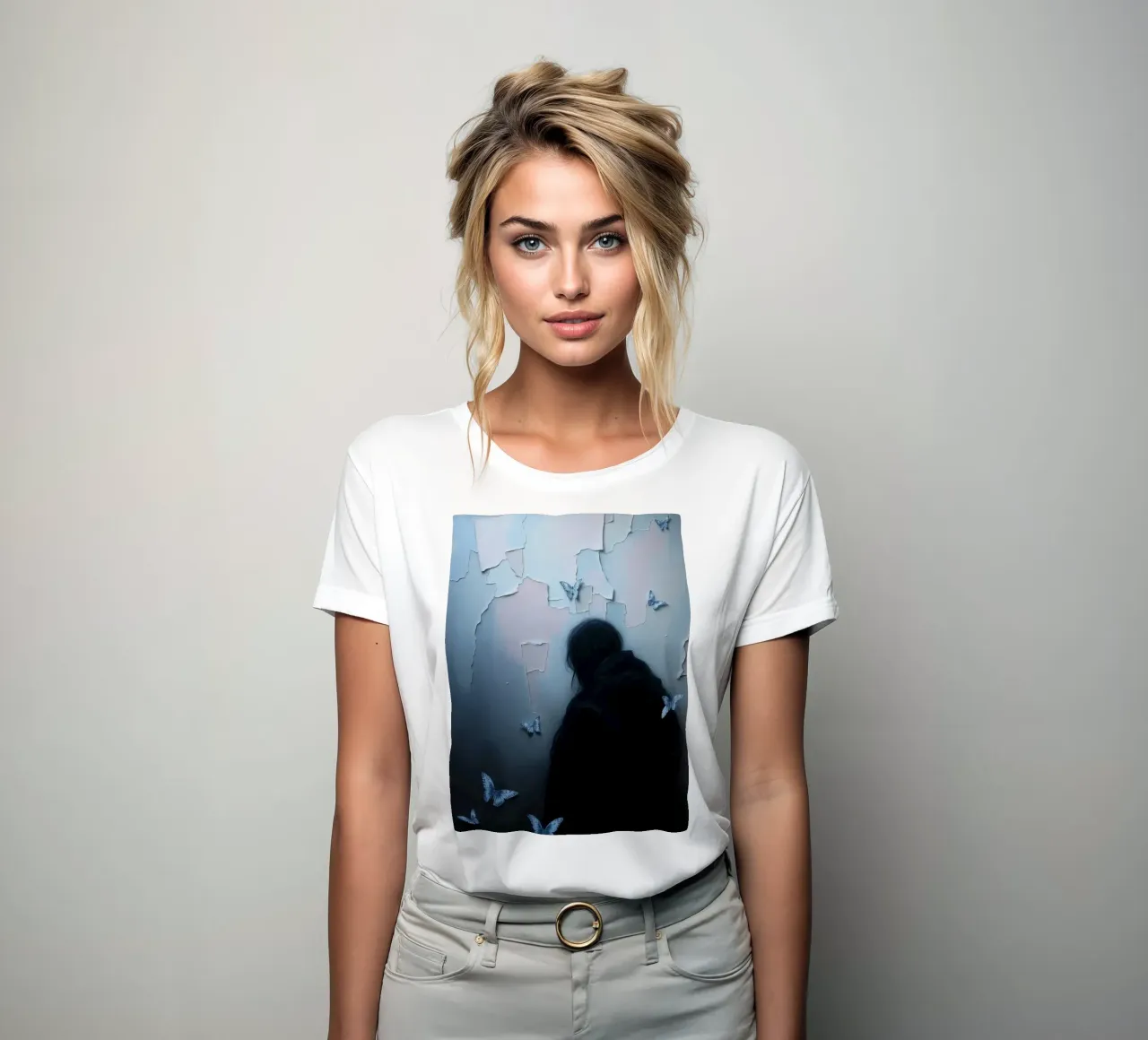 Silhouette einer von Schmetterlingen umgebenen Figur Frauen T-Shirt von DesignDoodle