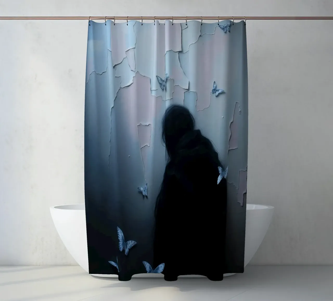 Sagoma di una figura circondata da farfalle tenda da doccia da DesignDoodle