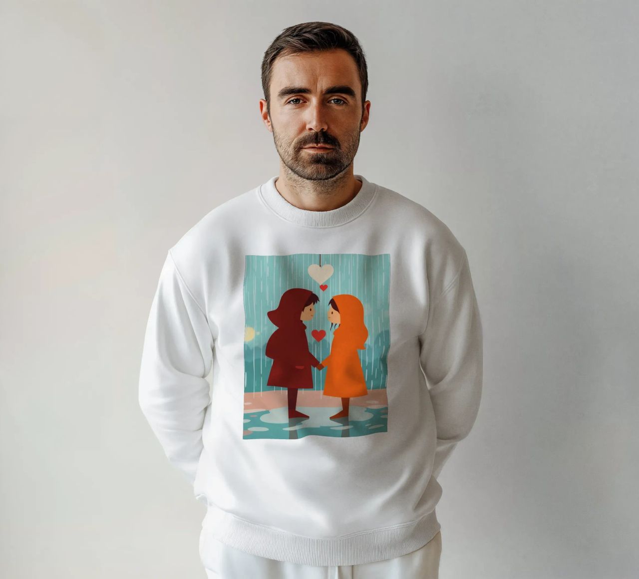 Dos niños con chubasqueros de colores comparten un momento sudadera de DesignDoodle