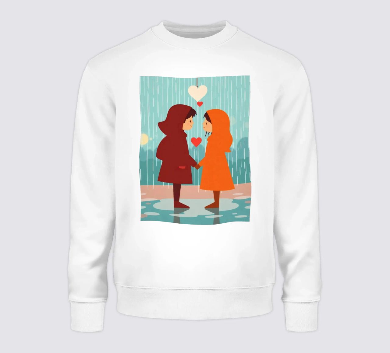 Dos niños con chubasqueros de colores comparten un momento sudadera de DesignDoodle