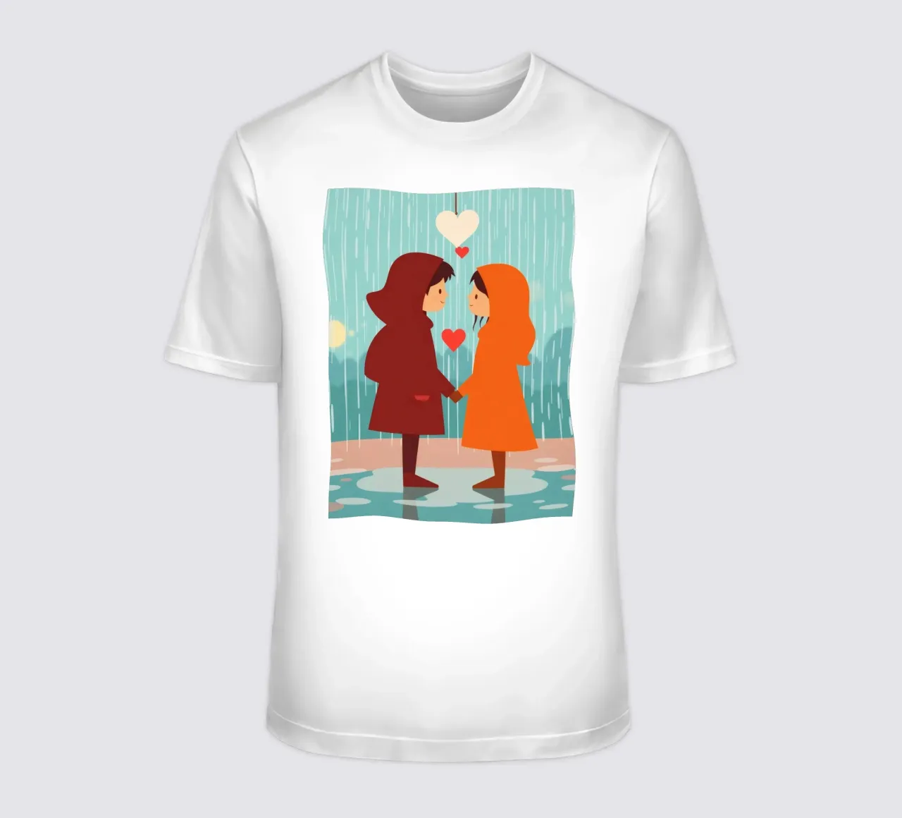 Dos niños con chubasqueros de colores comparten un momento camiseta de DesignDoodle