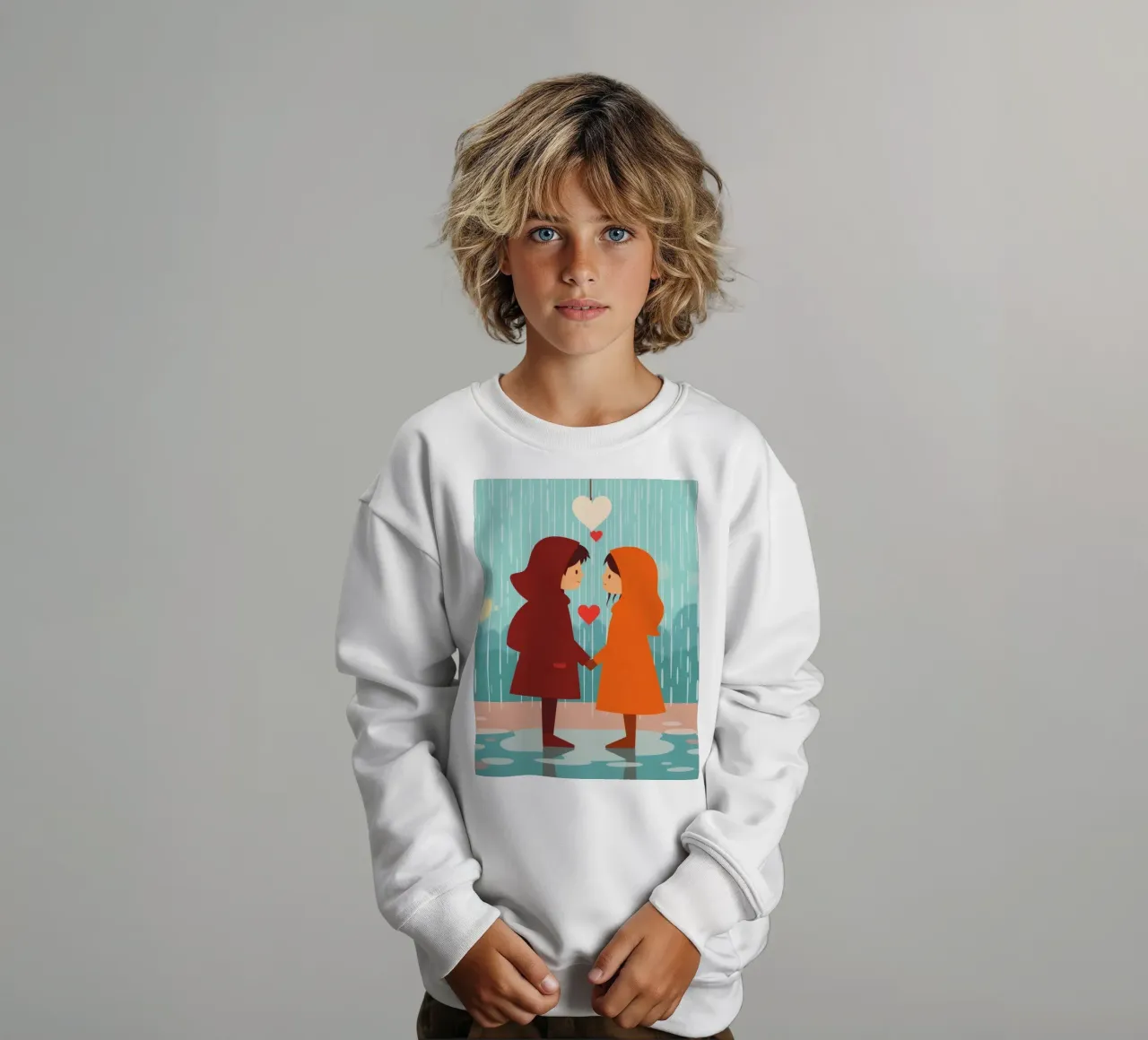 Dos niños con chubasqueros de colores comparten un momento sudadera para niño de DesignDoodle