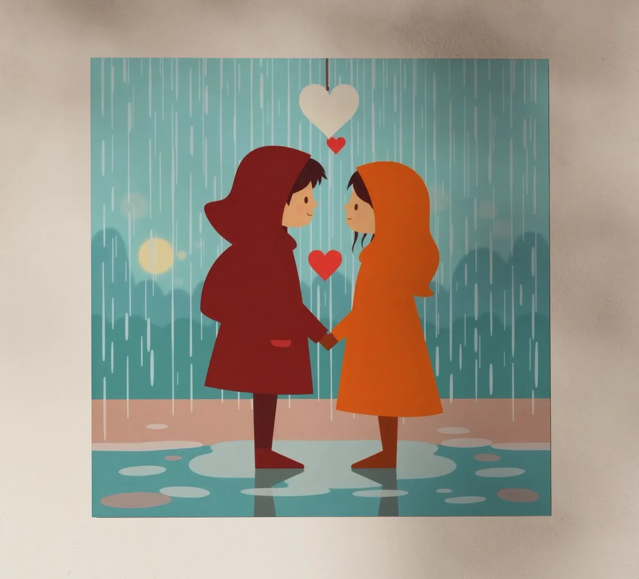 Dos niños con chubasqueros de colores comparten un momento lámina retroiluminada de DesignDoodle