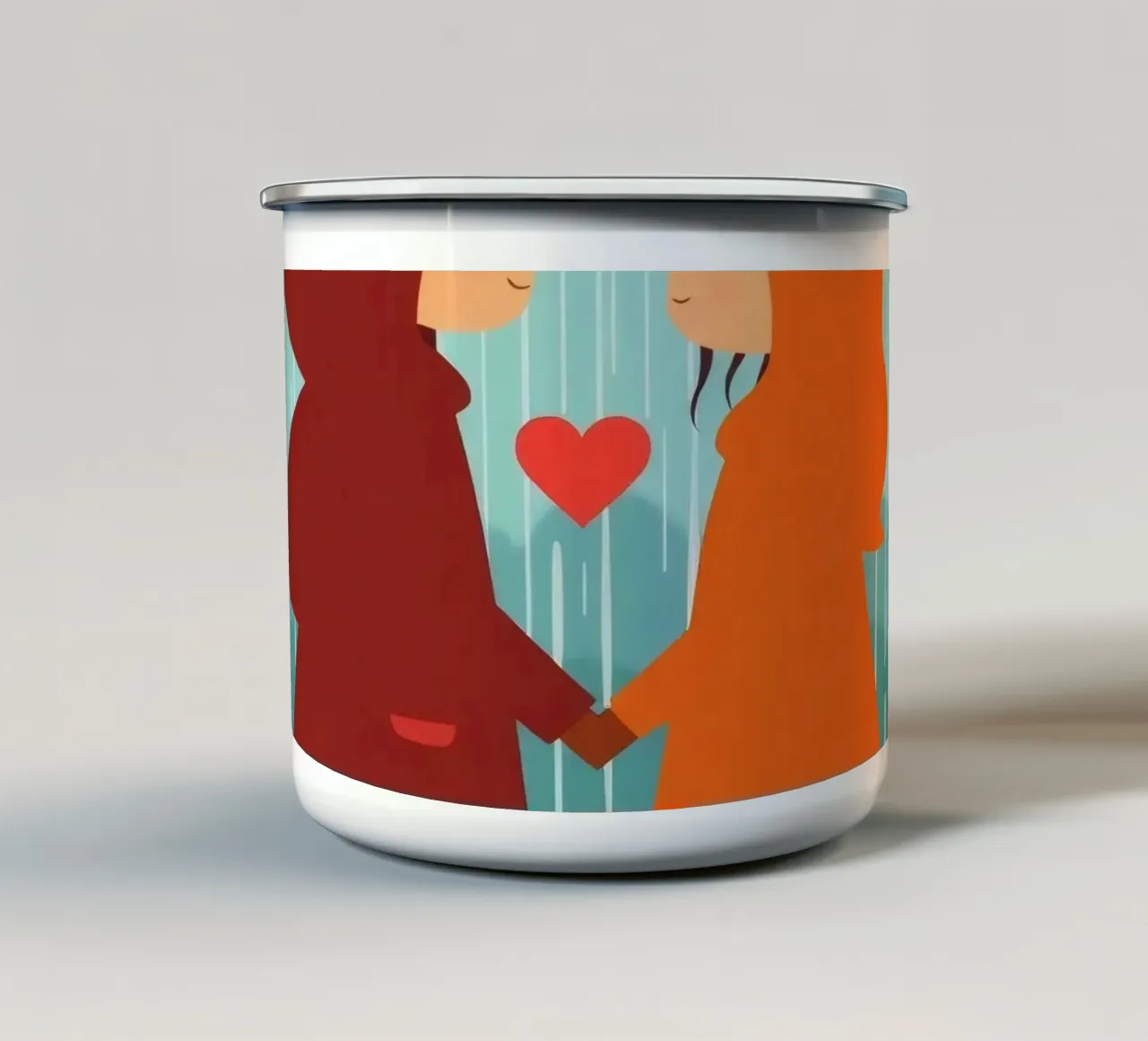 Due bambini con impermeabili colorati condividono un momento di relax tazza in smalto da DesignDoodle
