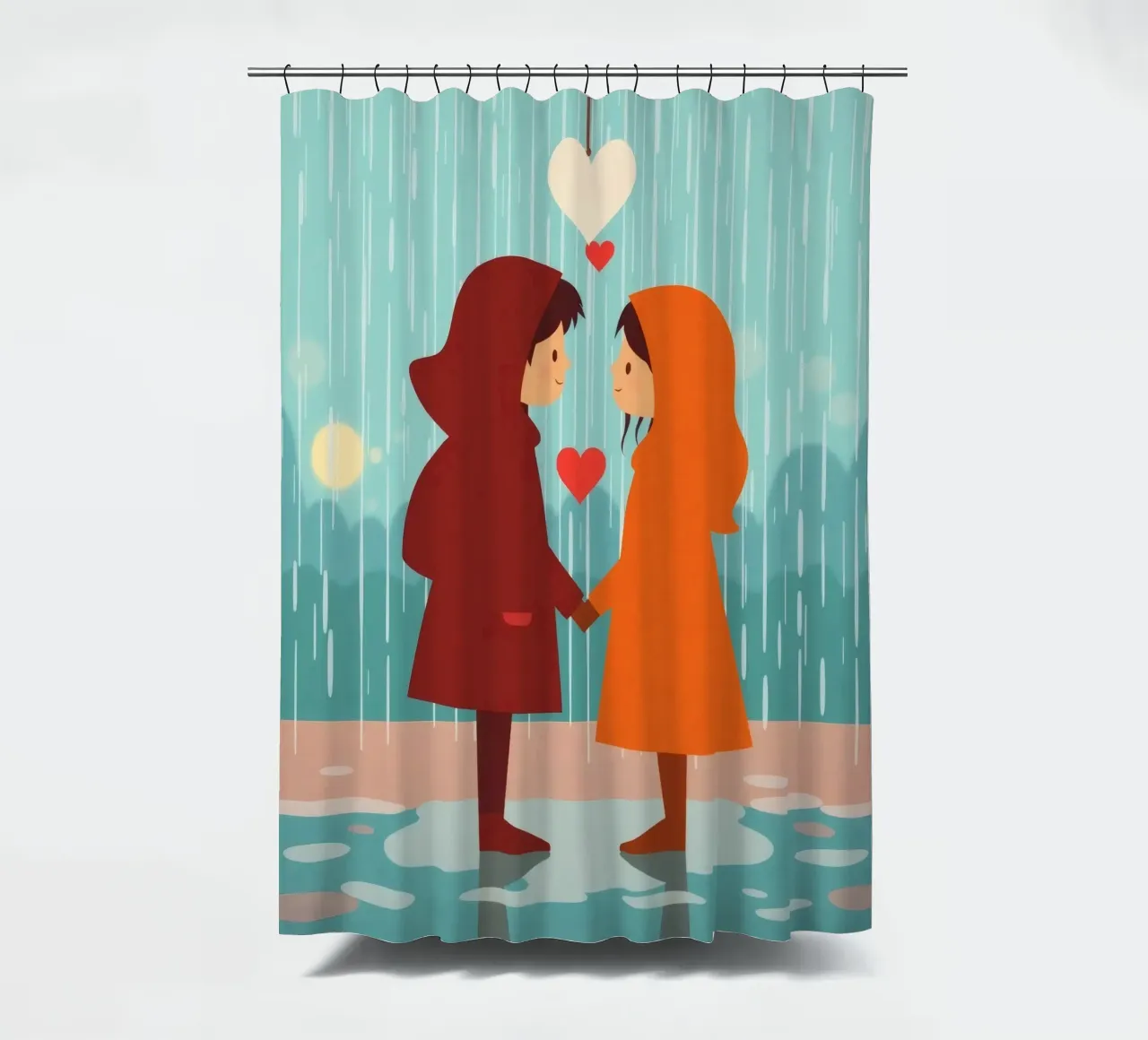 Two children in colorful raincoats share a moment shower curtain by DesignDoodle