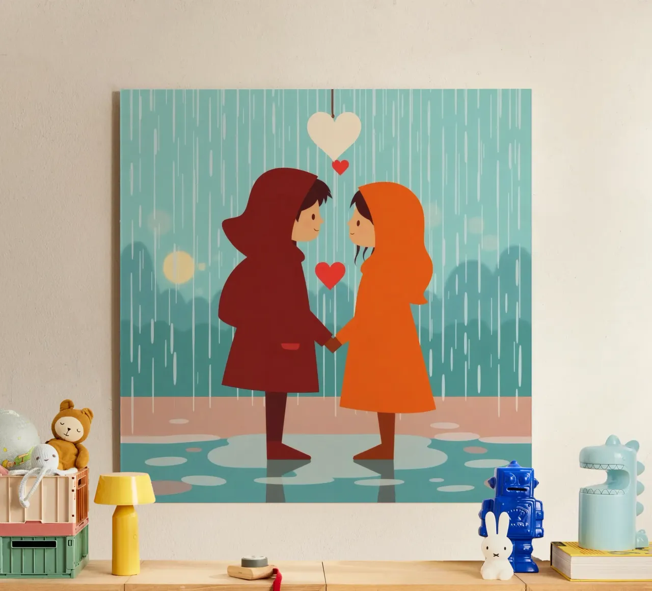 Dos niños con chubasqueros de colores comparten un momento metacrilato de DesignDoodle