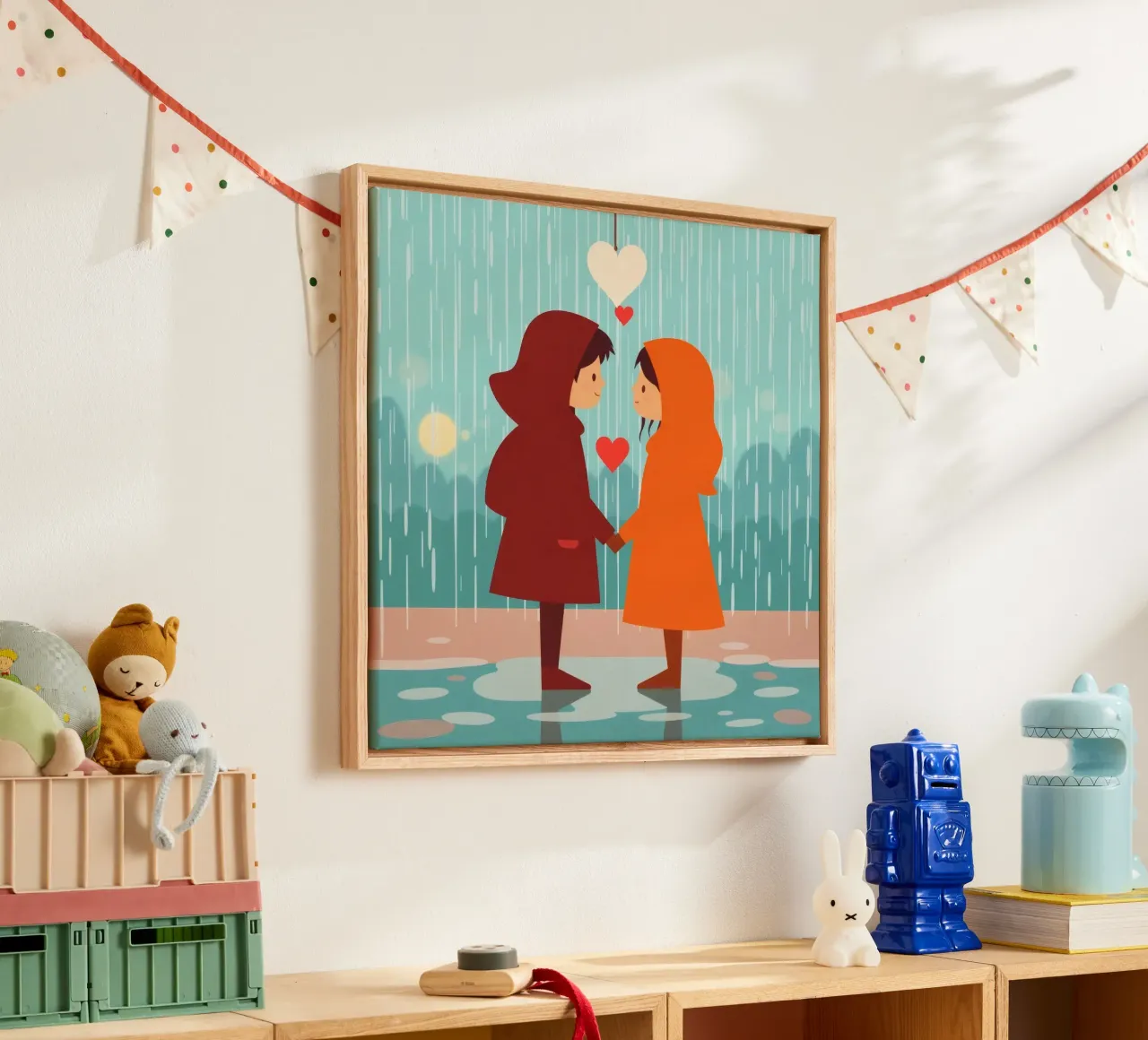 Due bambini con impermeabili colorati condividono un momento di relax tela con Cornice a cassetta da DesignDoodle