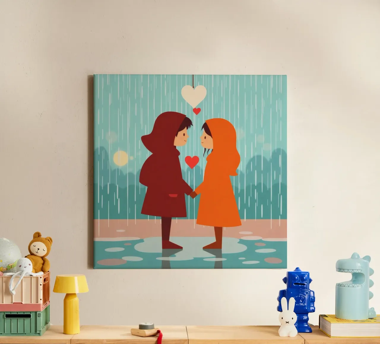 Due bambini con impermeabili colorati condividono un momento di relax tela con Cornice a cassetta da DesignDoodle