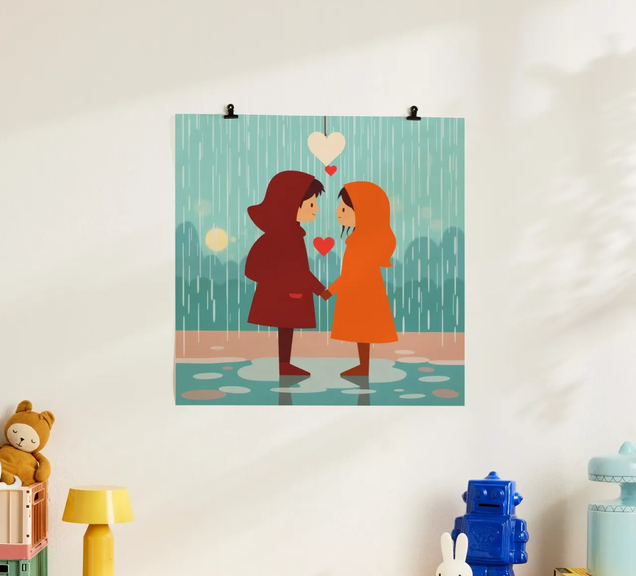 Deux enfants vêtus d'imperméables colorés partagent un moment. hahnemühle de DesignDoodle