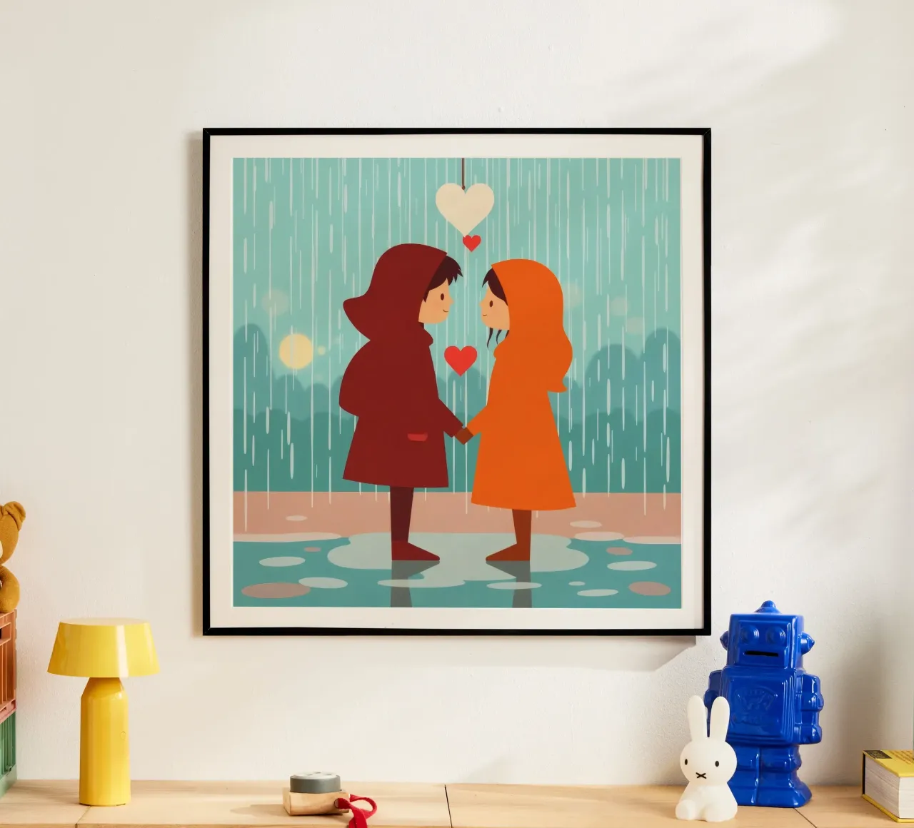 Deux enfants vêtus d'imperméables colorés partagent un moment. hahnemühle de DesignDoodle