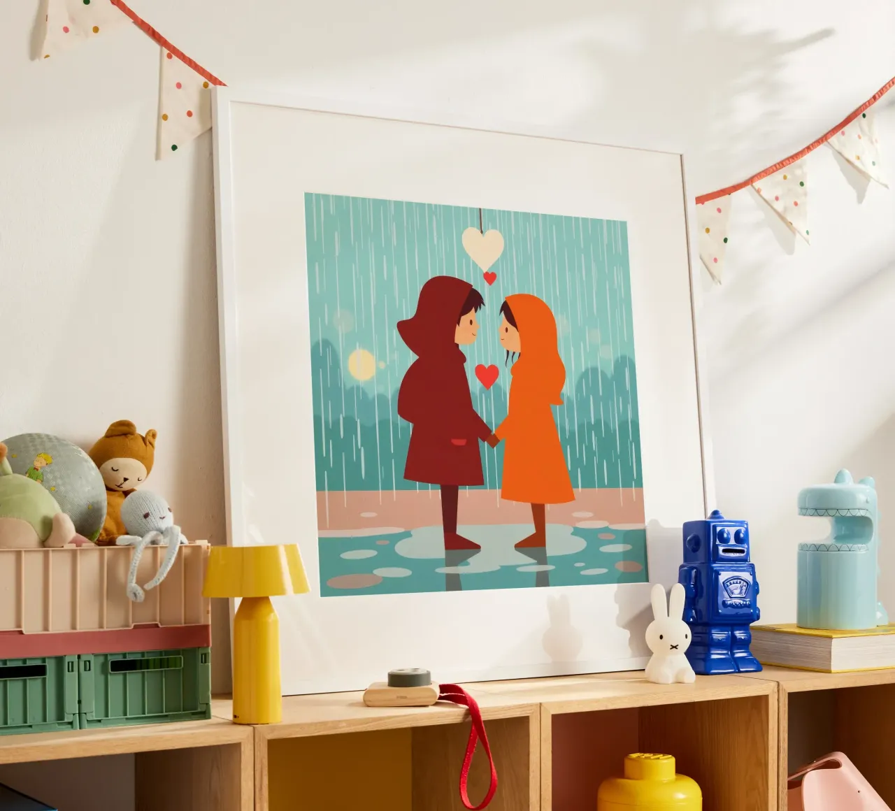 Deux enfants vêtus d'imperméables colorés partagent un moment. hahnemühle de DesignDoodle