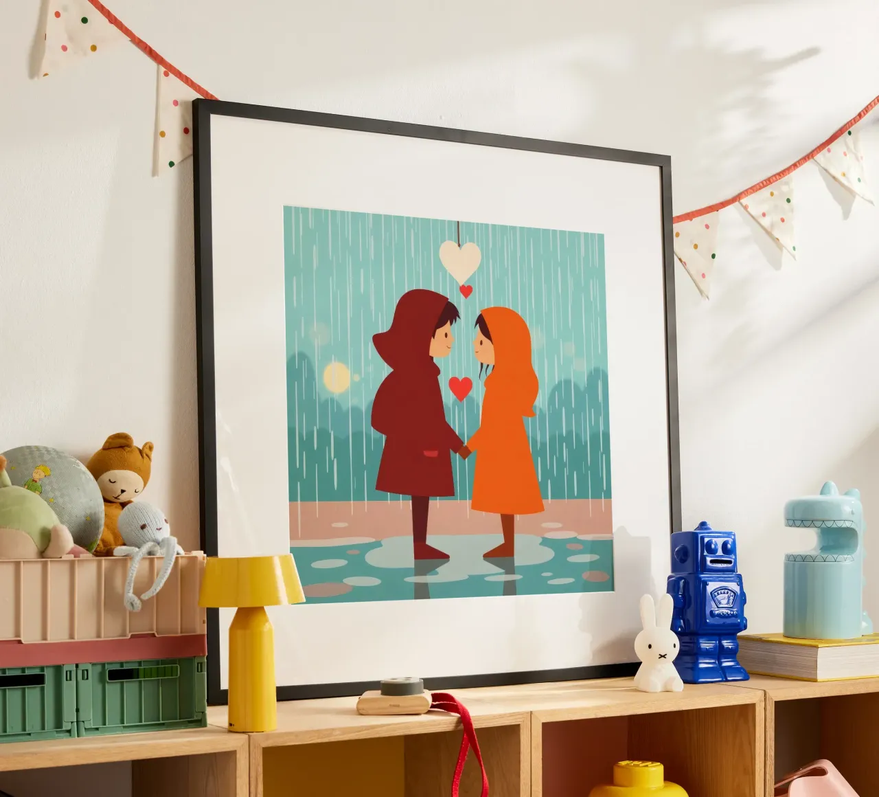 Deux enfants vêtus d'imperméables colorés partagent un moment. hahnemühle de DesignDoodle
