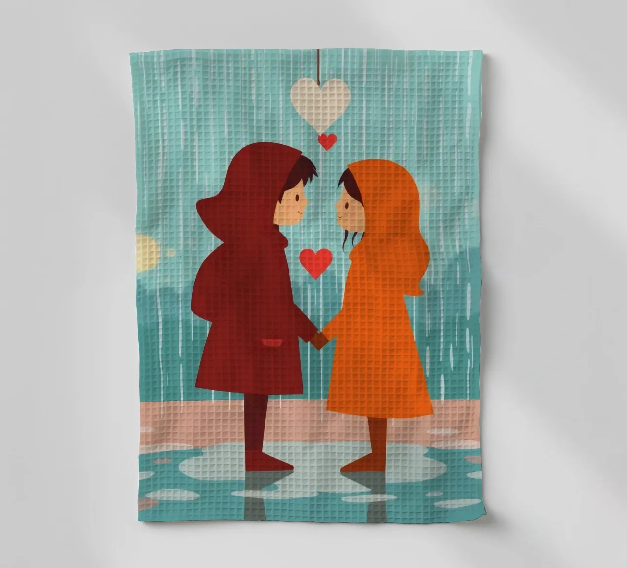 Dos niños con chubasqueros de colores comparten un momento paño de cocina de DesignDoodle