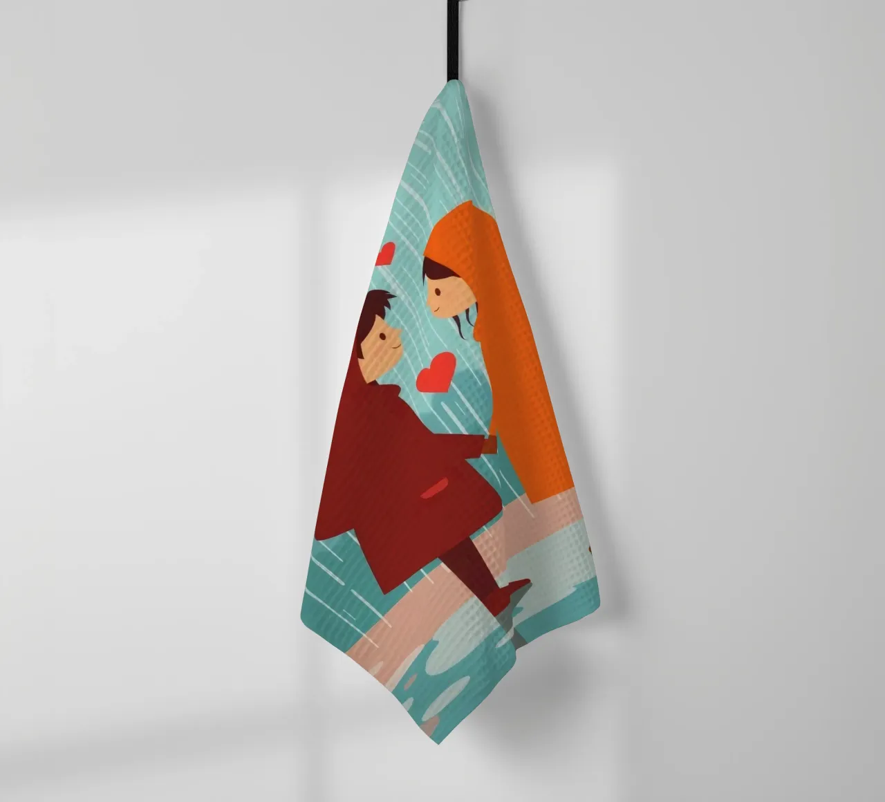 Dos niños con chubasqueros de colores comparten un momento paño de cocina de DesignDoodle