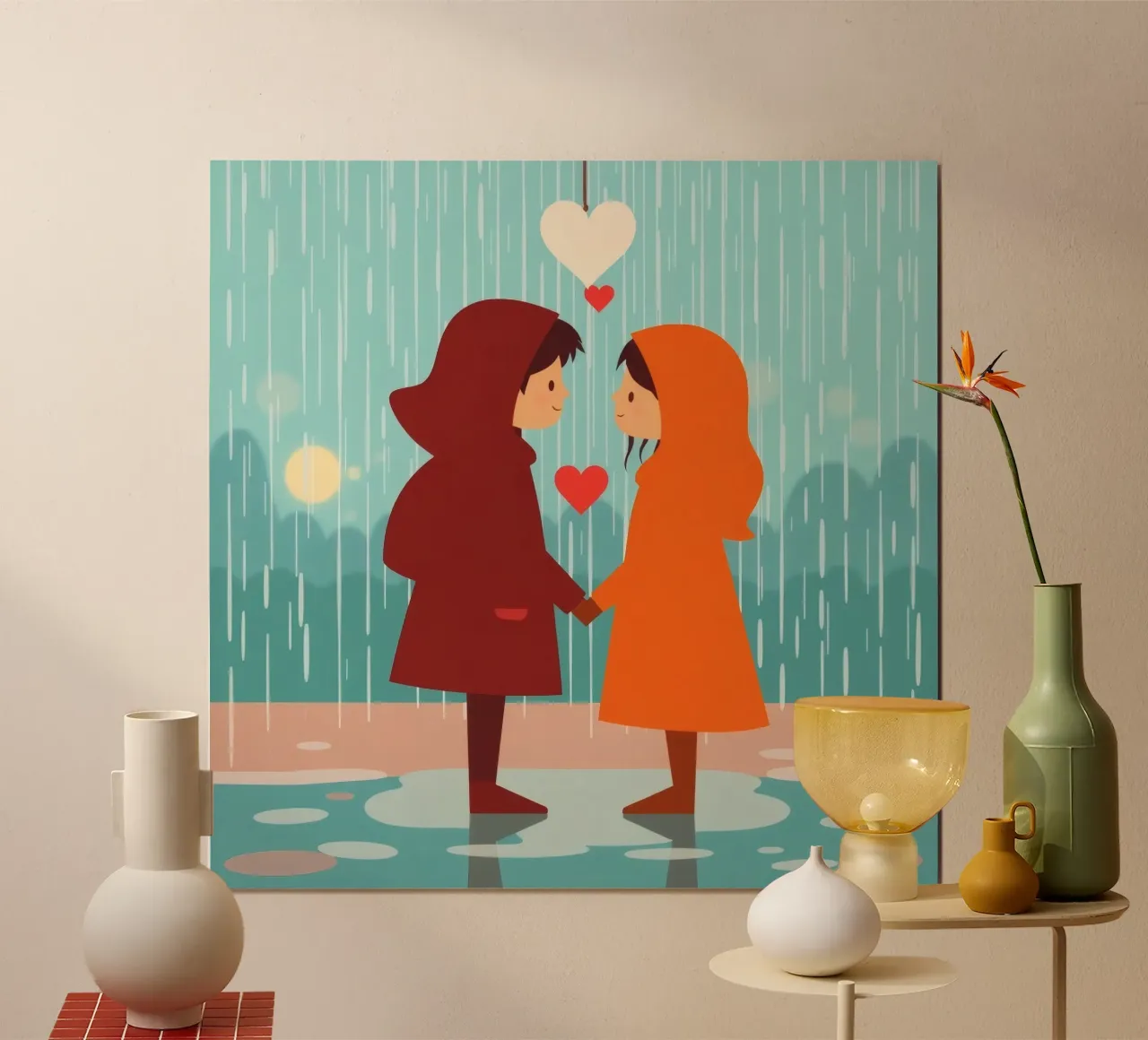 Dos niños con chubasqueros de colores comparten un momento hahnemühle de DesignDoodle