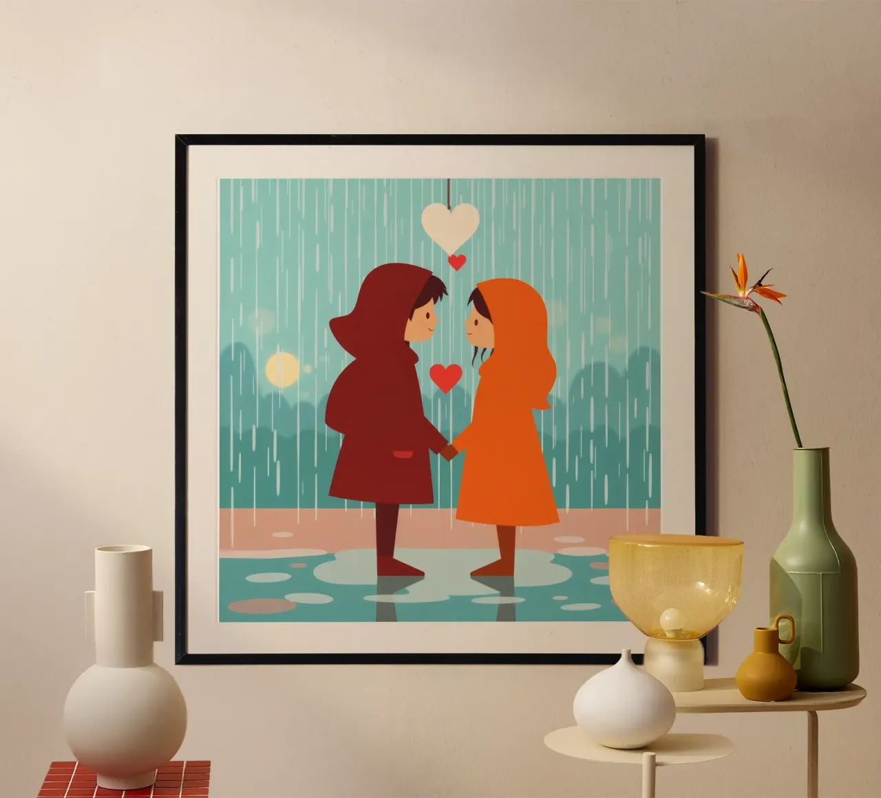 Dos niños con chubasqueros de colores comparten un momento hahnemühle de DesignDoodle