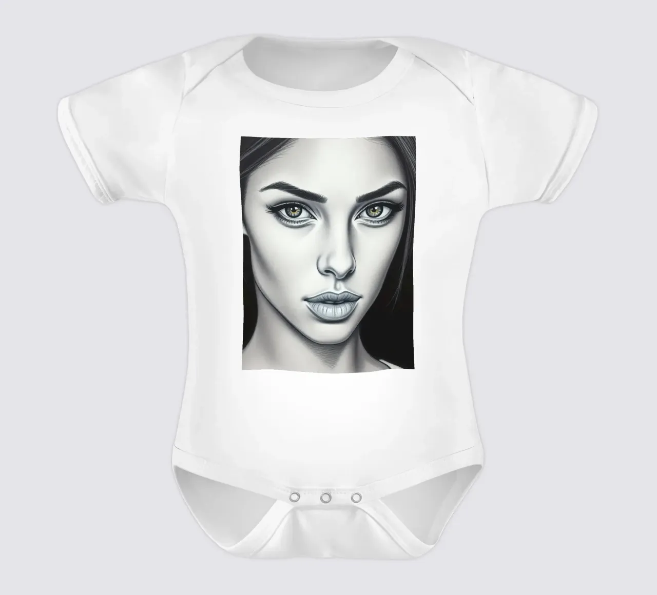Close-up of a woman with striking features and captivating short-sleeve baby romper by DesignDoodle