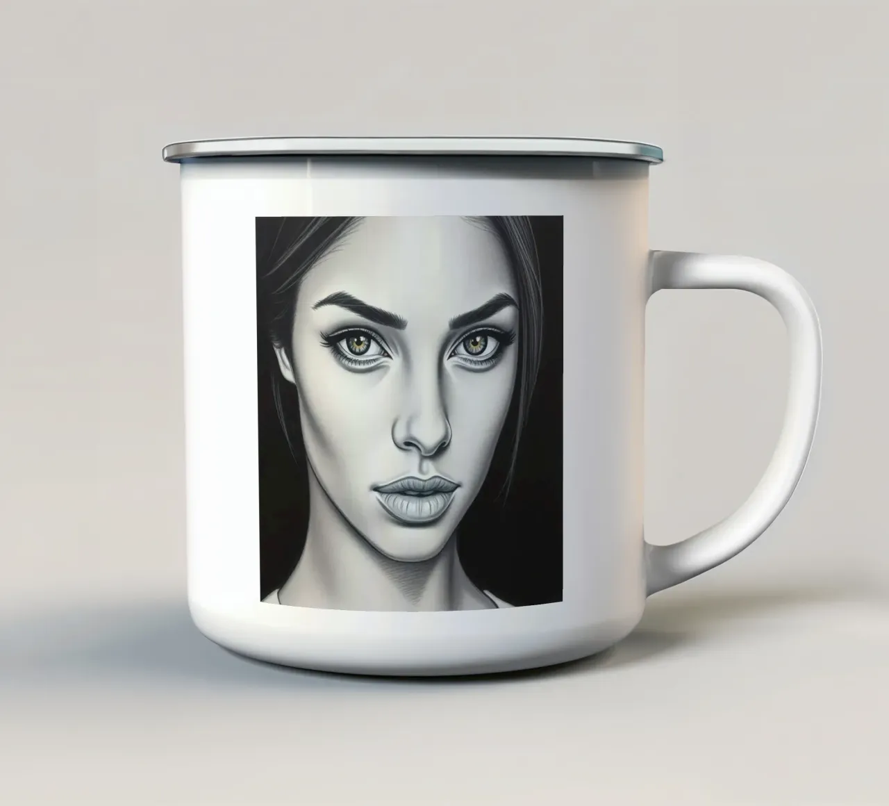 Primo piano di una donna dai lineamenti marcati e dal fascino accattivante tazza in smalto da DesignDoodle