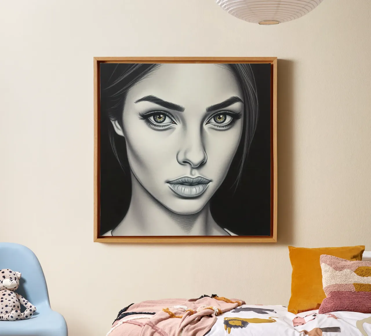 Close-up of a woman with striking features and captivating canvas with Floater frame by DesignDoodle