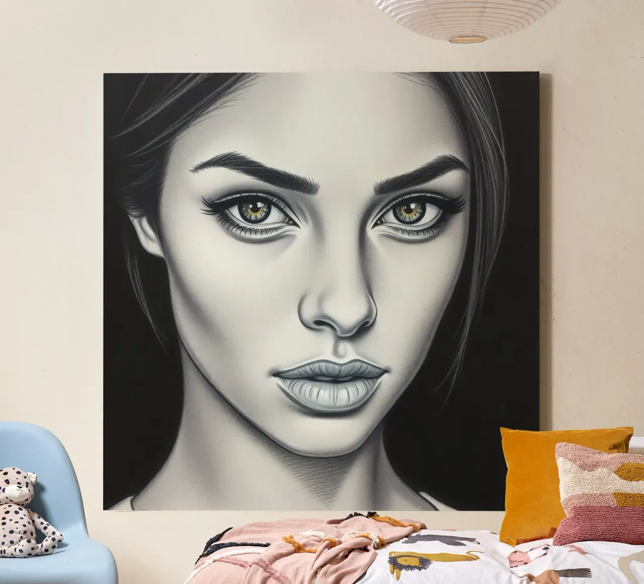 Close-up of a woman with striking features and captivating canvas with Floater frame by DesignDoodle